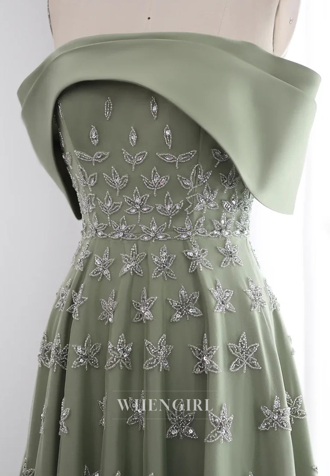 Off Shoulder Beaded Pleated Back Zipper A-Line Formal Evening Gown with Train