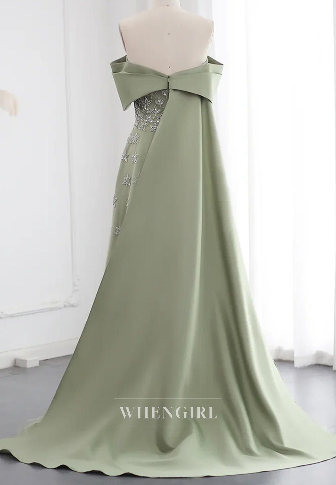 Off Shoulder Beaded Pleated Back Zipper A-Line Formal Evening Gown with Train
