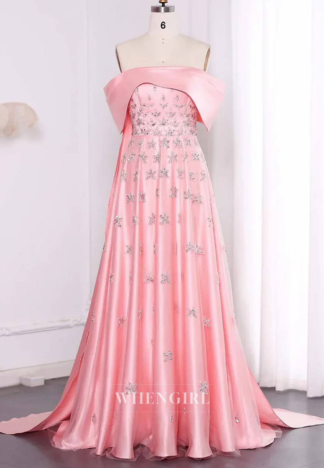 Off Shoulder Beaded Pleated Back Zipper A-Line Formal Evening Gown with Train