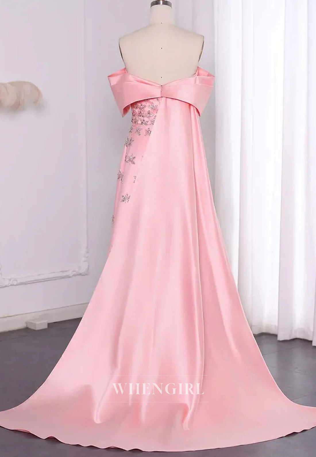 Off Shoulder Beaded Pleated Back Zipper A-Line Formal Evening Gown with Train