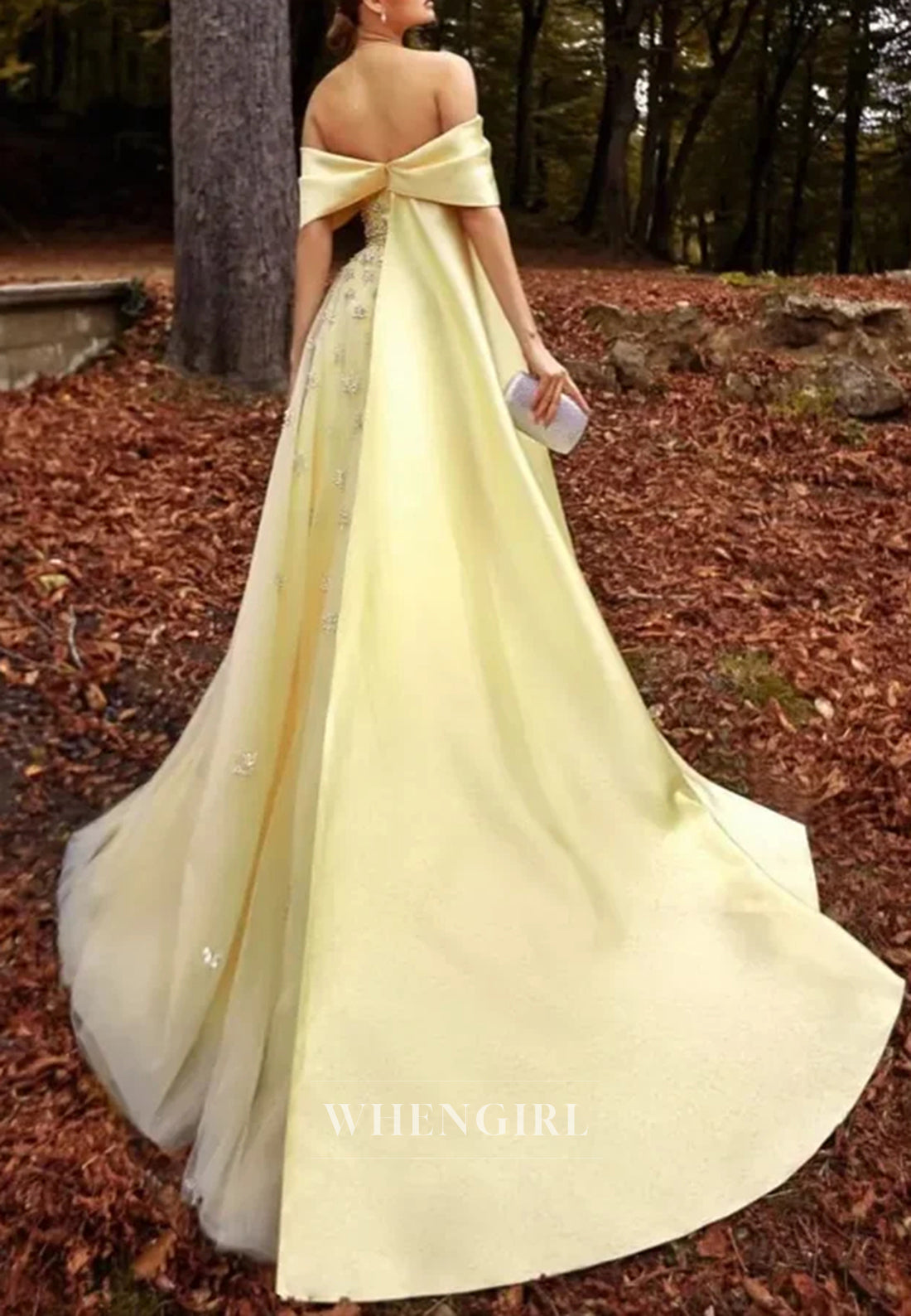 Off Shoulder Beaded Pleated Back Zipper A-Line Formal Evening Gown with Train