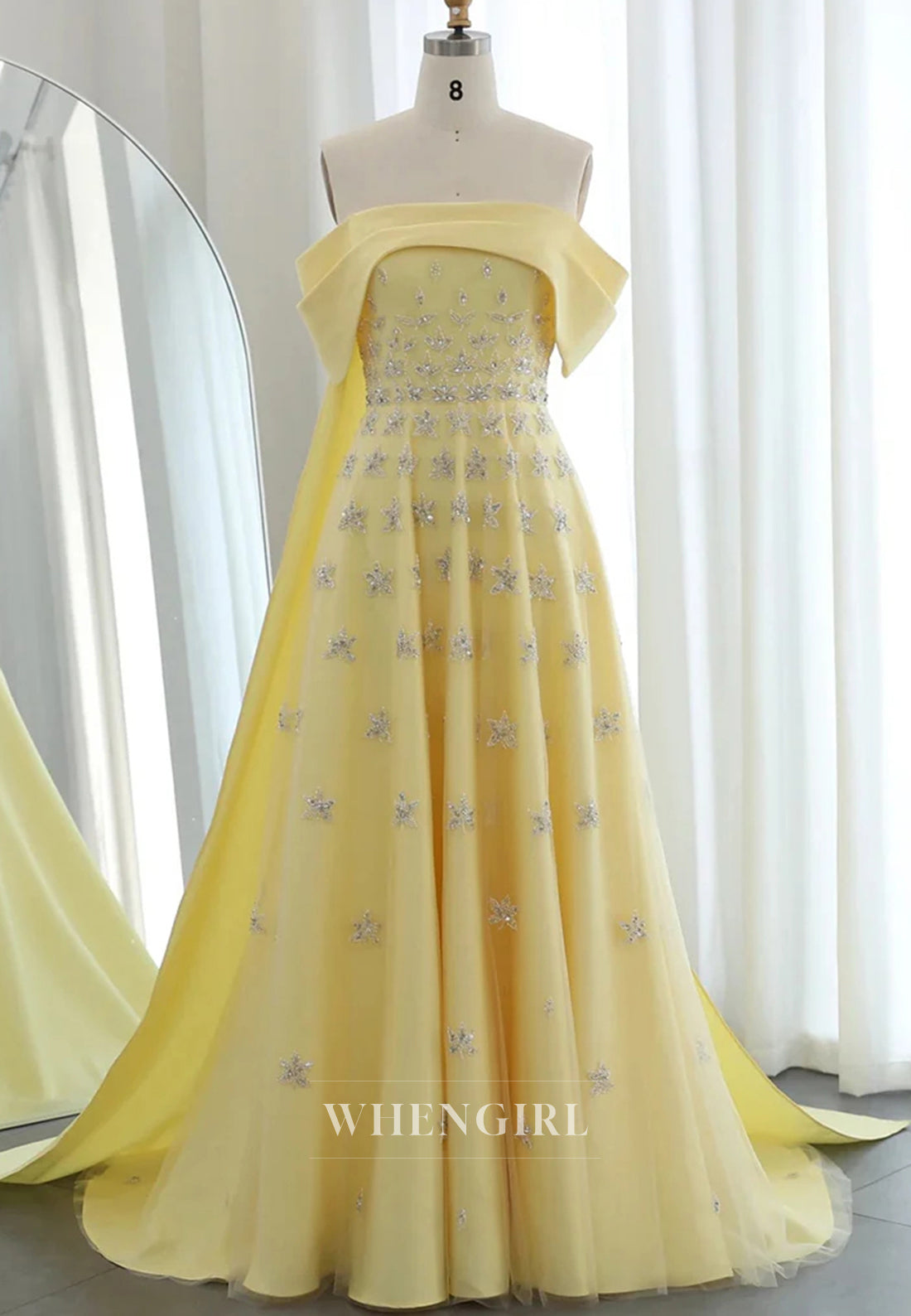 Off Shoulder Beaded Pleated Back Zipper A-Line Formal Evening Gown with Train