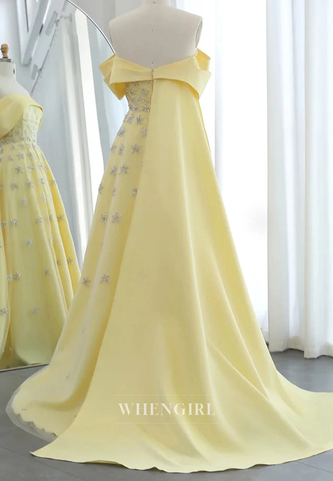 Off Shoulder Beaded Pleated Back Zipper A-Line Formal Evening Gown with Train