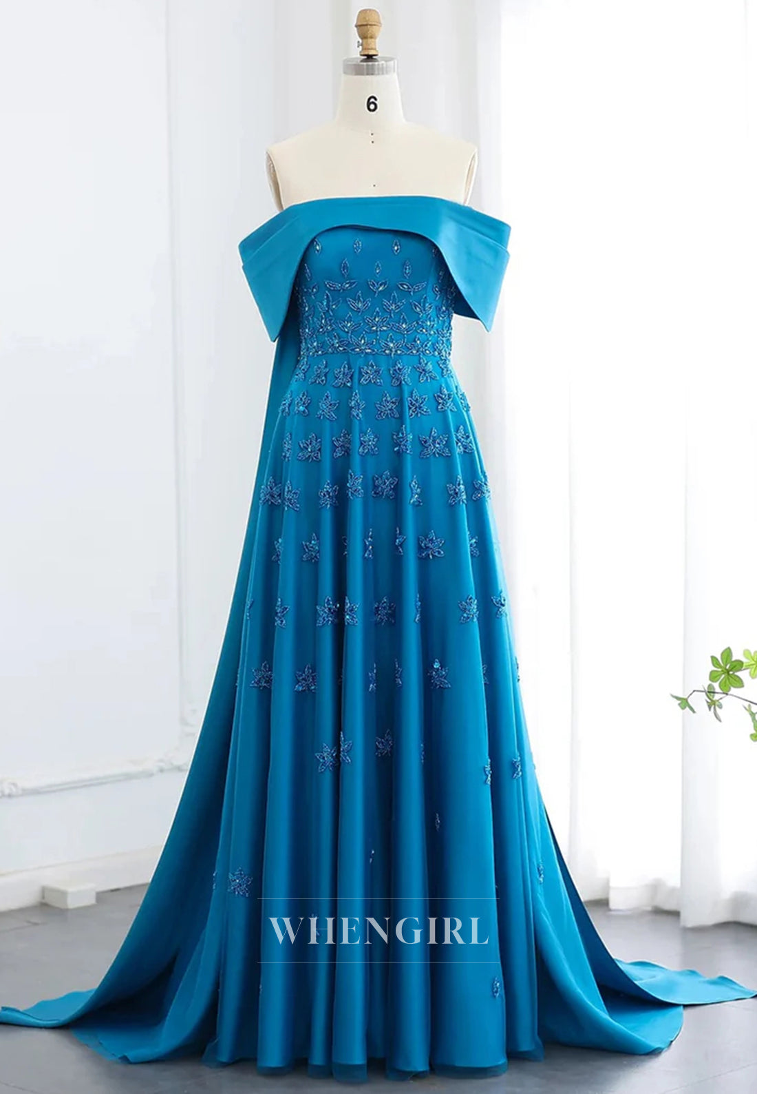 Off Shoulder Beaded Pleated Back Zipper A-Line Formal Evening Gown with Train