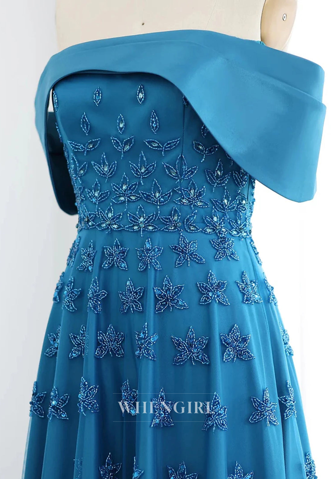 Off Shoulder Beaded Pleated Back Zipper A-Line Formal Evening Gown with Train