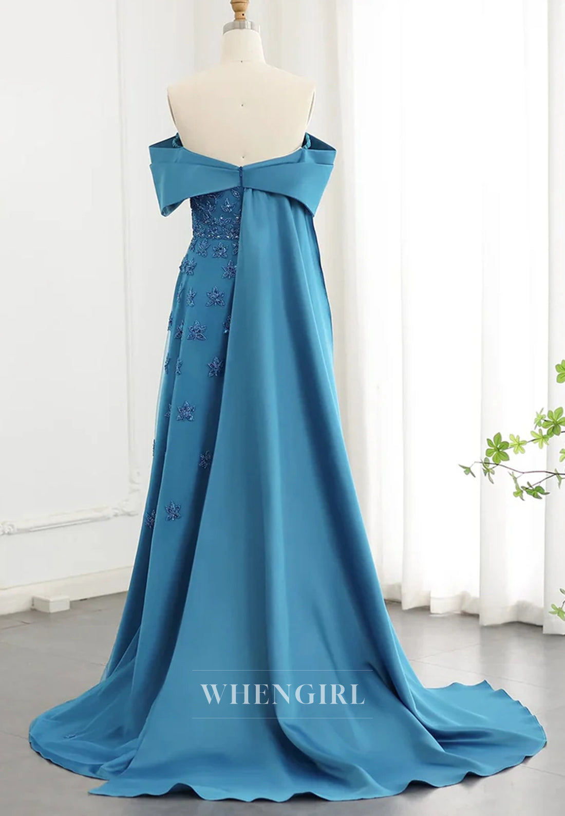 Off Shoulder Beaded Pleated Back Zipper A-Line Formal Evening Gown with Train