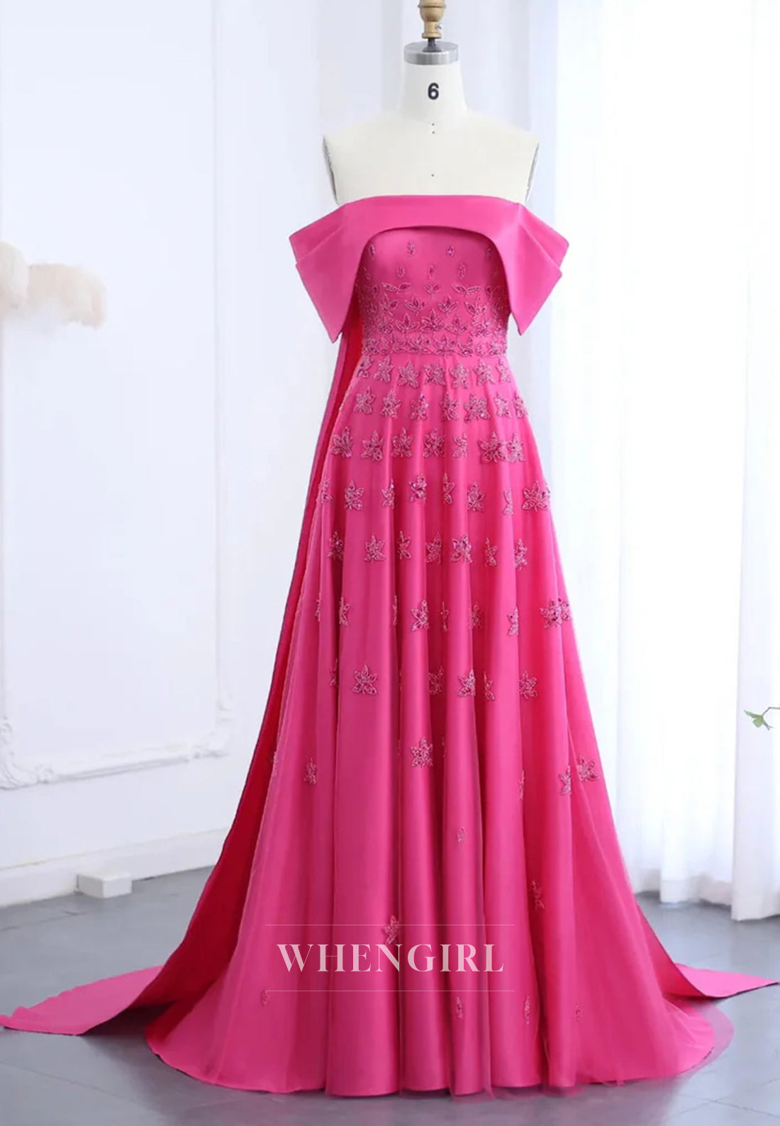Off Shoulder Beaded Pleated Back Zipper A-Line Formal Evening Gown with Train