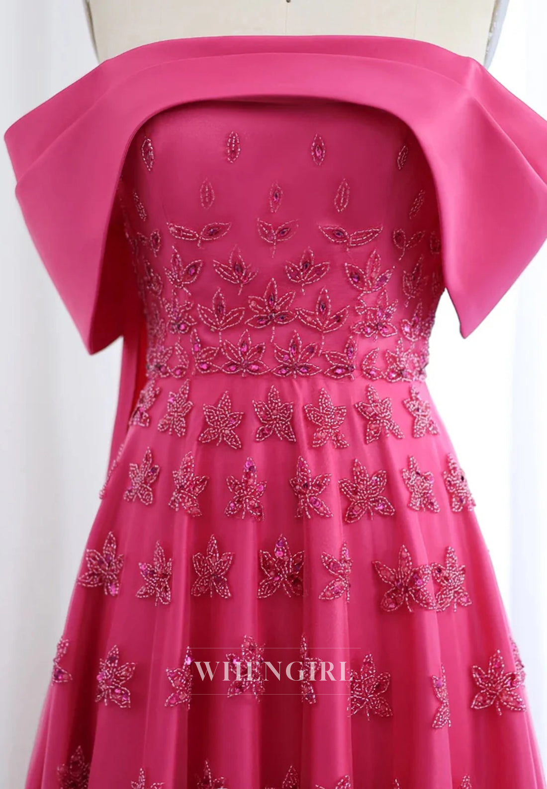 Off Shoulder Beaded Pleated Back Zipper A-Line Formal Evening Gown with Train
