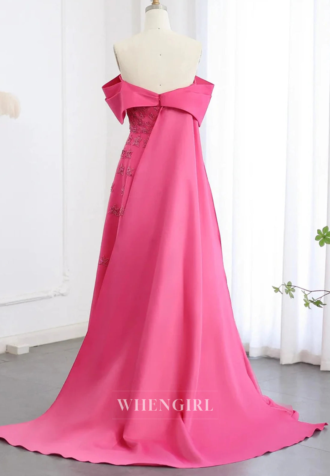 Off Shoulder Beaded Pleated Back Zipper A-Line Formal Evening Gown with Train