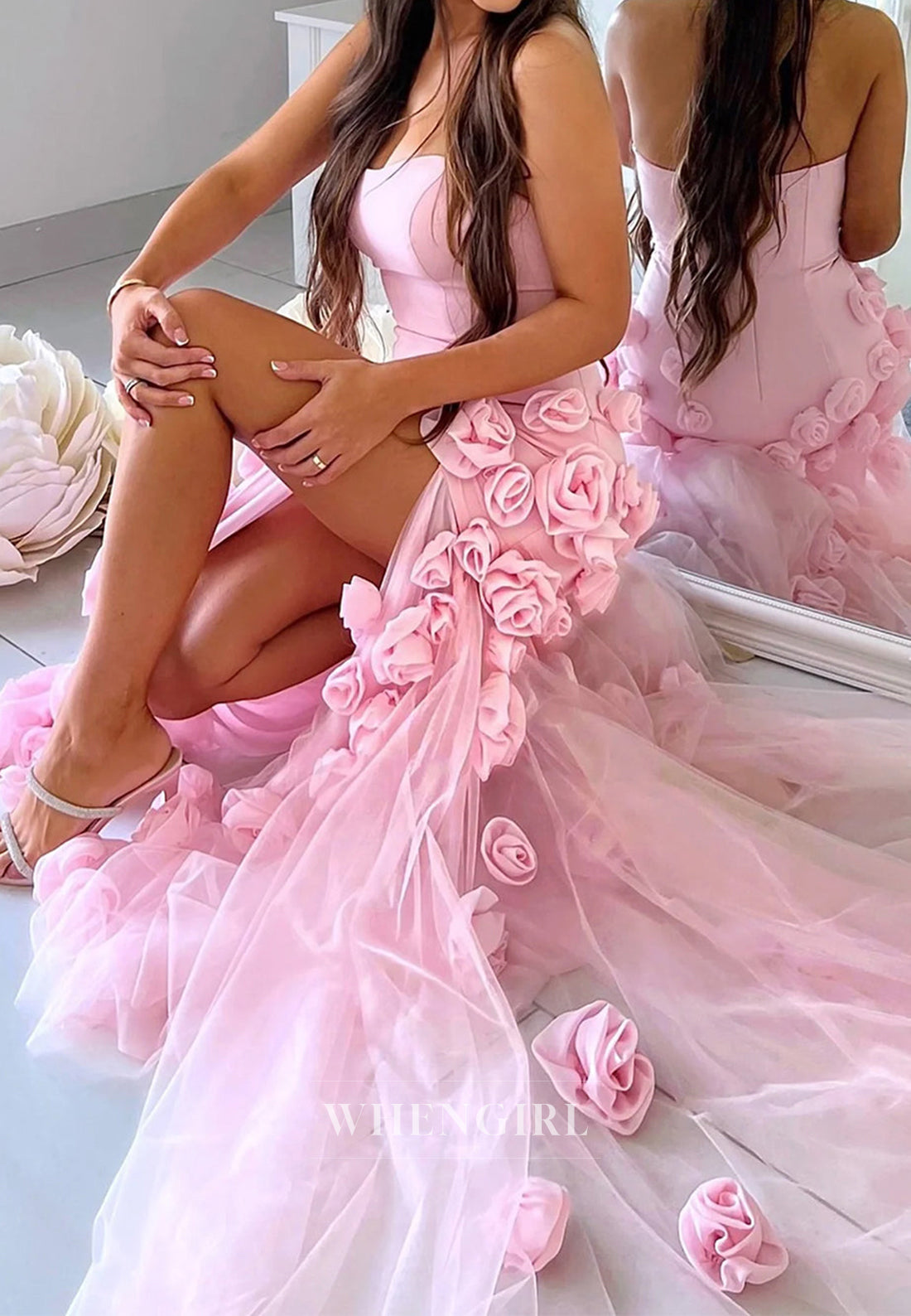 Glamorous Sweetheart Sleeveless High Slit Floral Fitted Evening Party Dress with Train