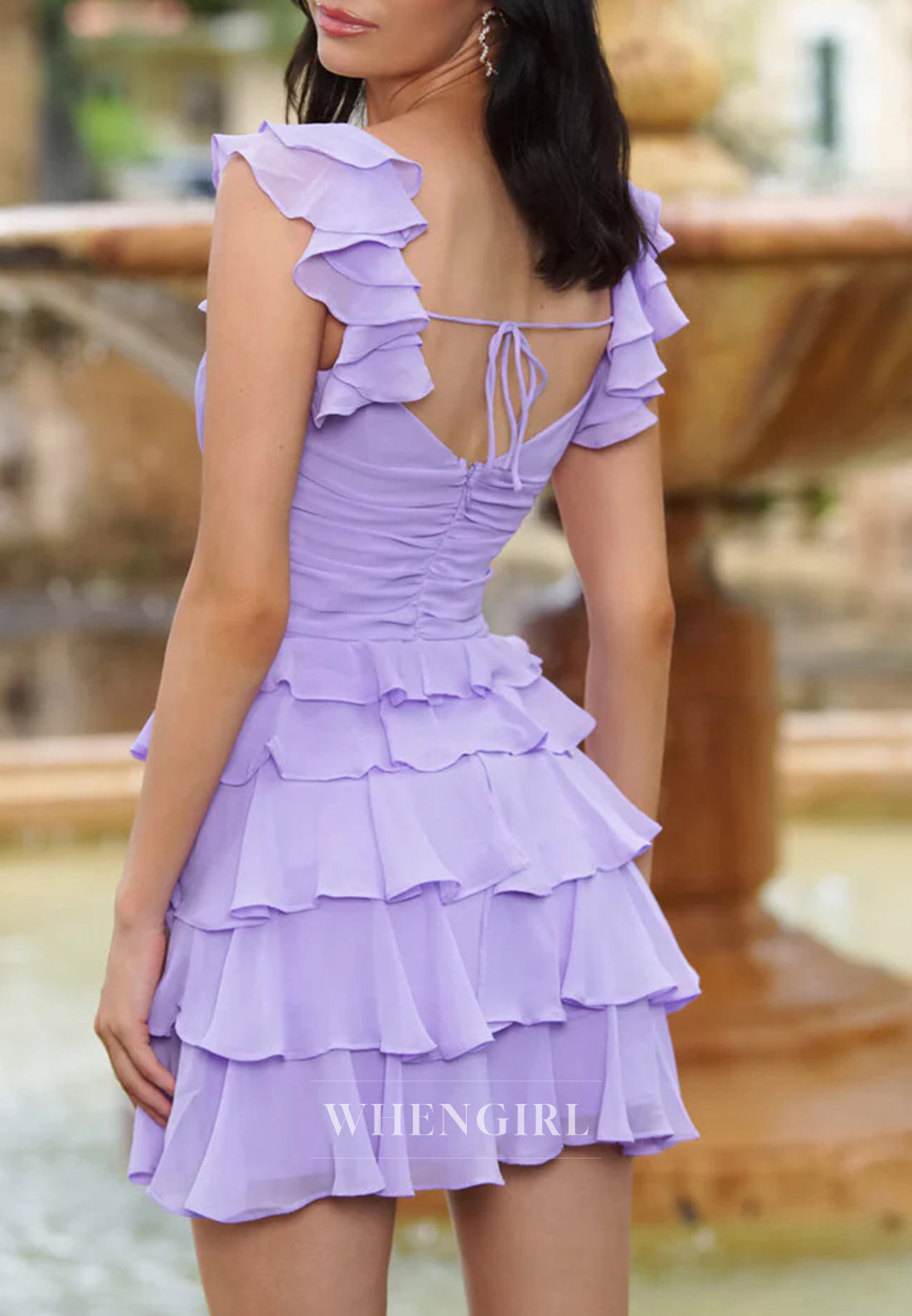 Lilac Multi Tiered Ruffles V Neck Cap Sleeves A-Line Short Homecoming Dress