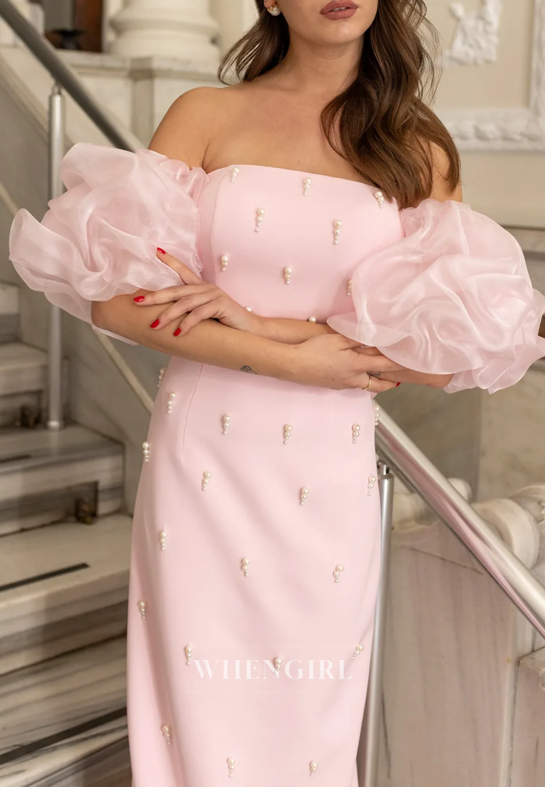Sheath Off Shoulder Short Puff Sleeves Beaded Pearls Long Evening Formal Dress