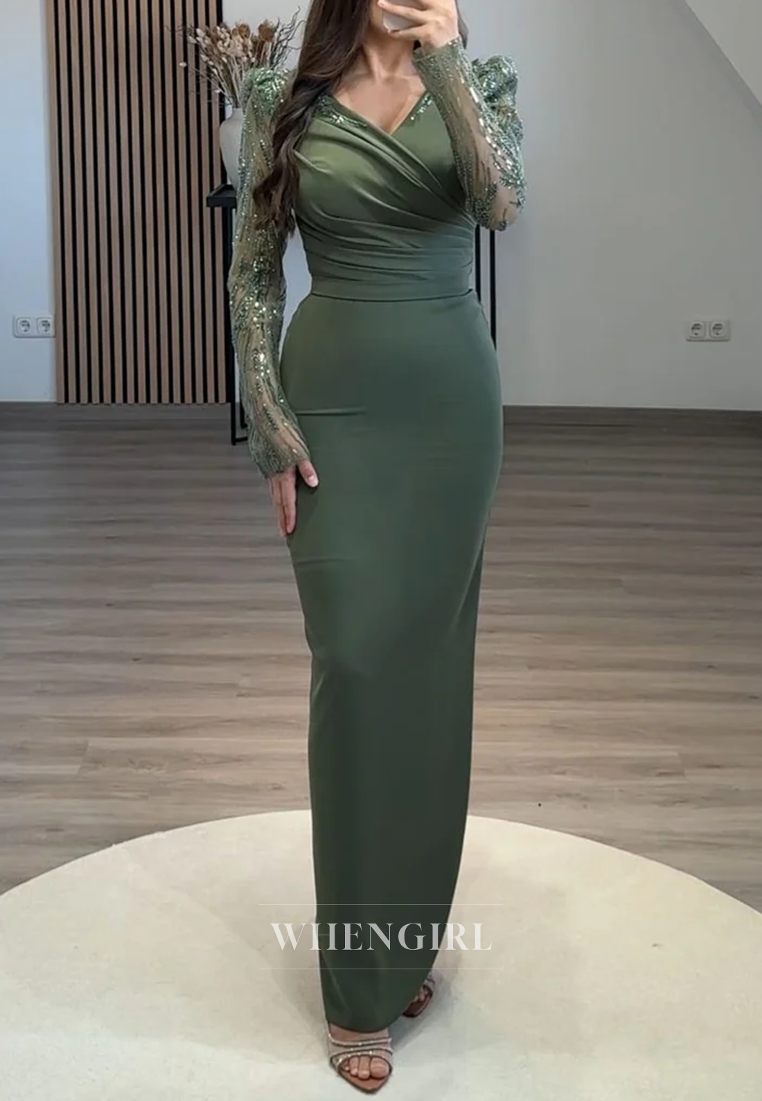 V Neck Long Sleeves Sequins Beaded Sheath Ankle Length Formal Evening Dress
