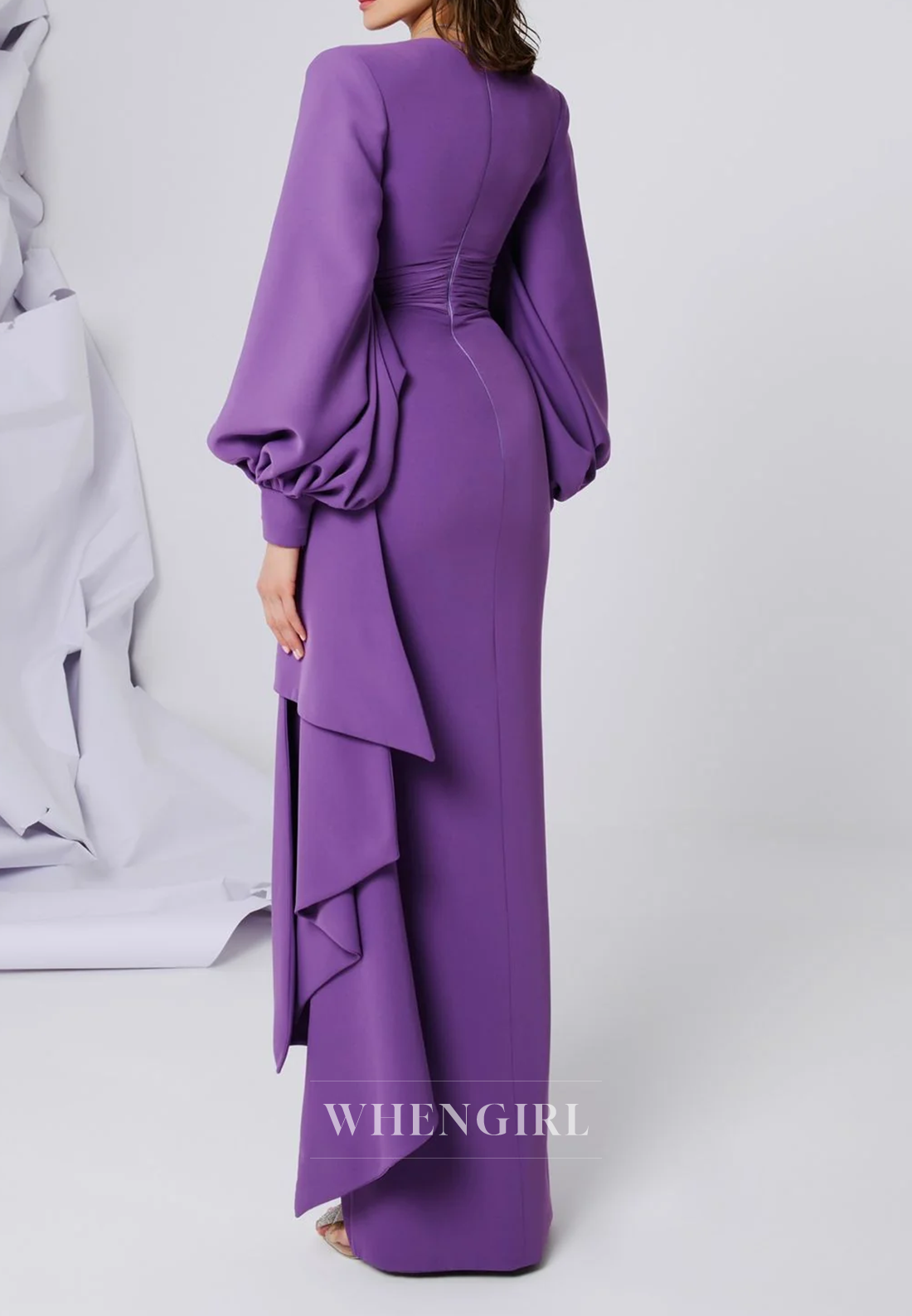 Purple V Neck Long Sleeves Side Slit Column Mother of the Bride Dress