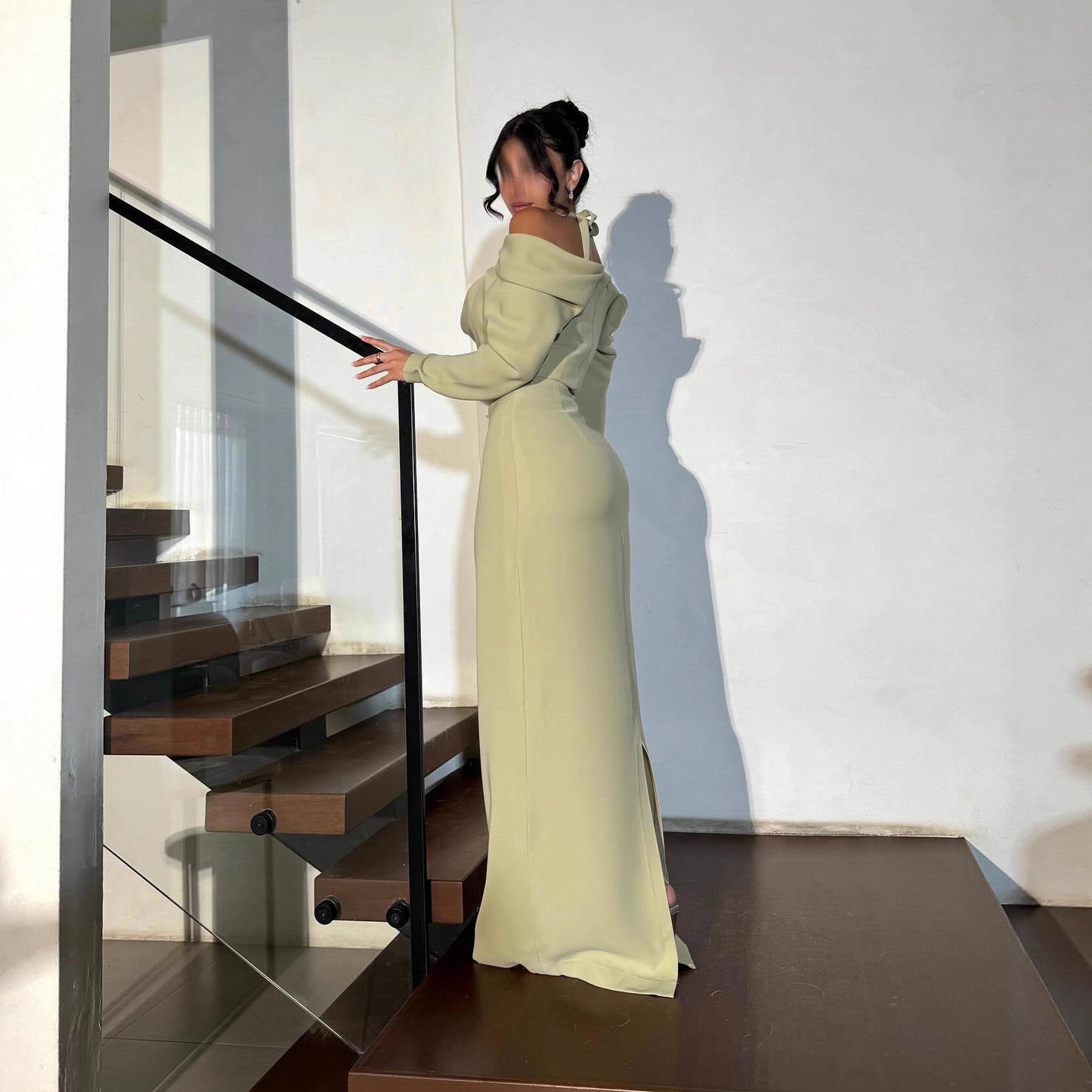 Sage Elegant Off-Shoulder Long Sleeve Slim-Fit Gown