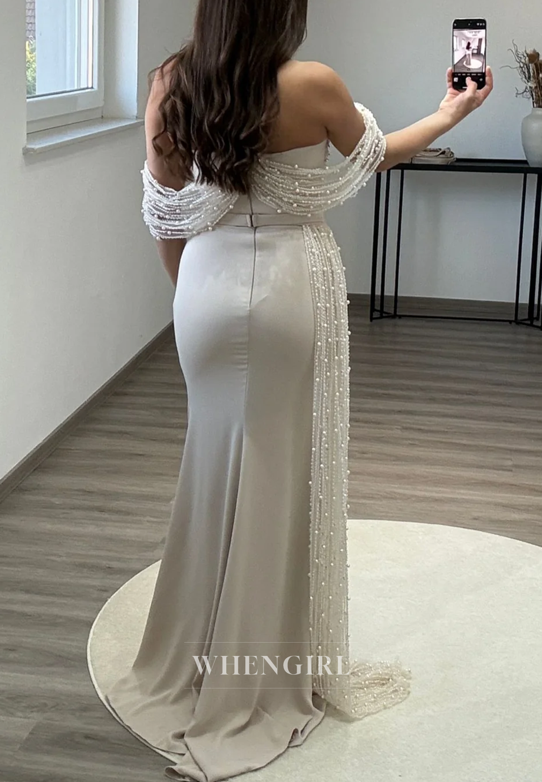 Off Shoudler Pearls Beaded Sheath Back Zipper Sleeveless Long Evening Formal Gown
