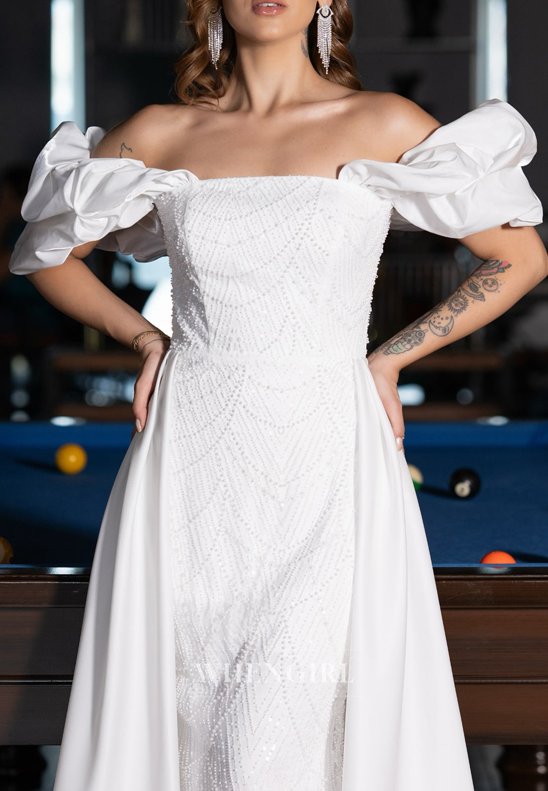 Off Shoulder Pearls Beading Sweep Train Sheath Wedding Dress