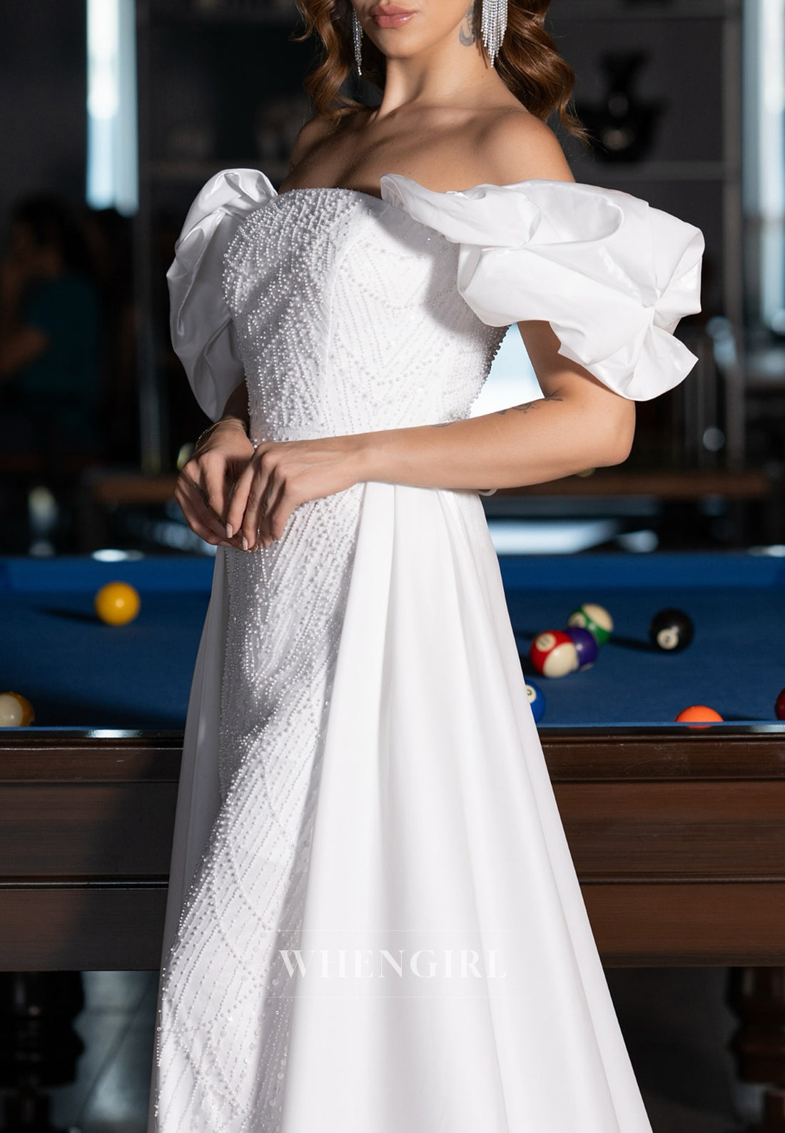Off Shoulder Pearls Beading Sweep Train Sheath Wedding Dress