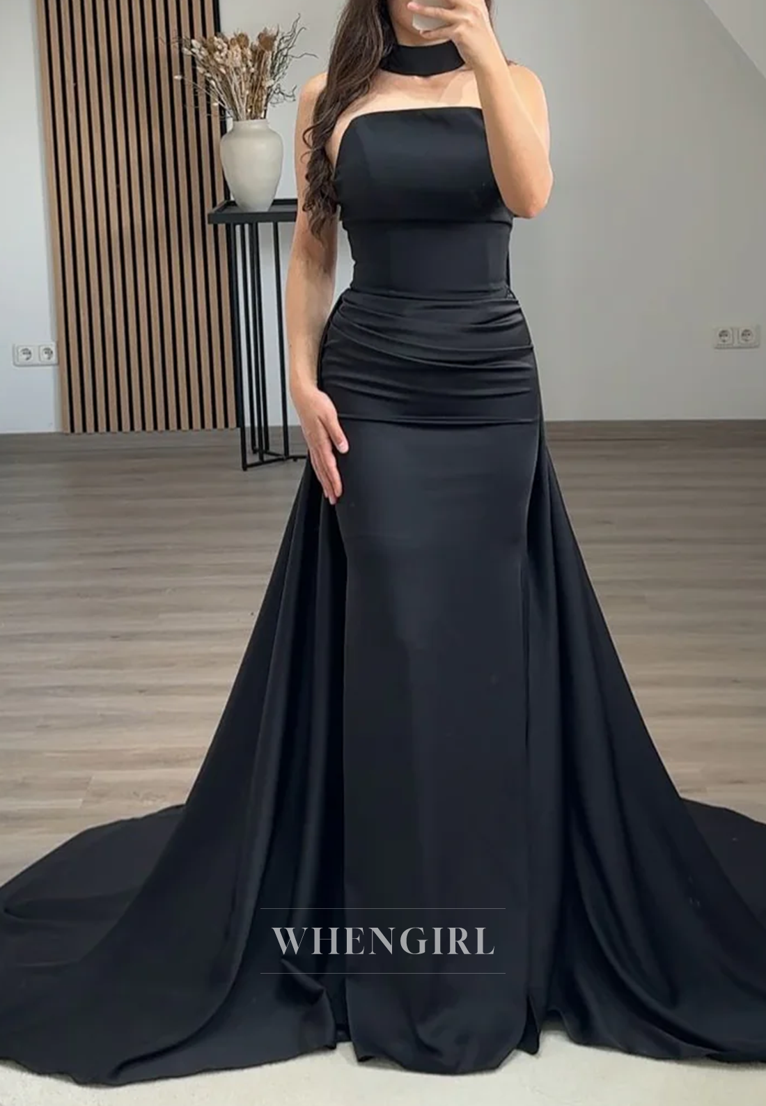 Simple Sleeveless Pleated Strapless Back Zipper Column Evening Formal Dress with Court Train