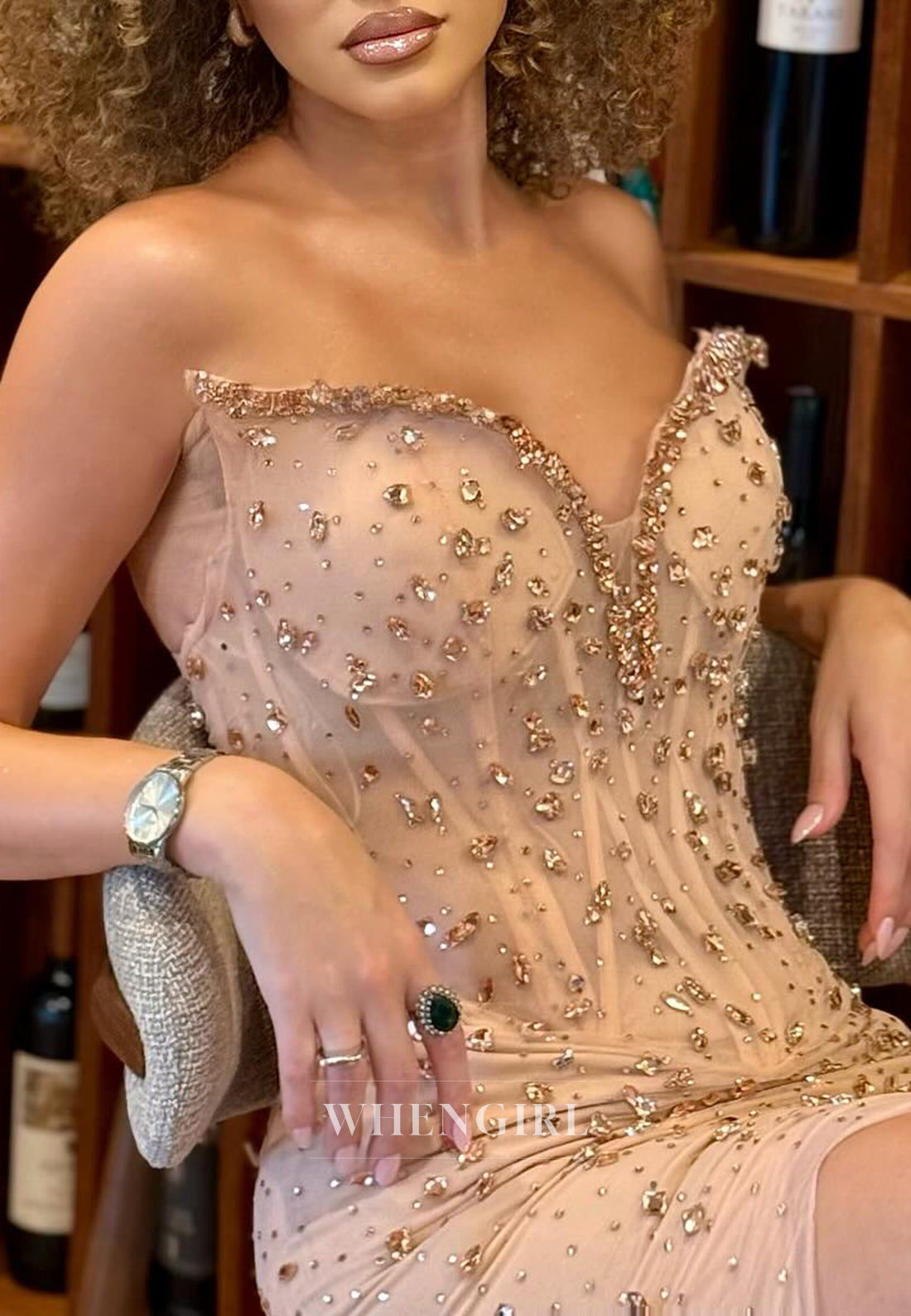 Champagne Rhinestones Beading V Neck Sleeveless Side Slit Sheath Formal Evening Gown with Cape