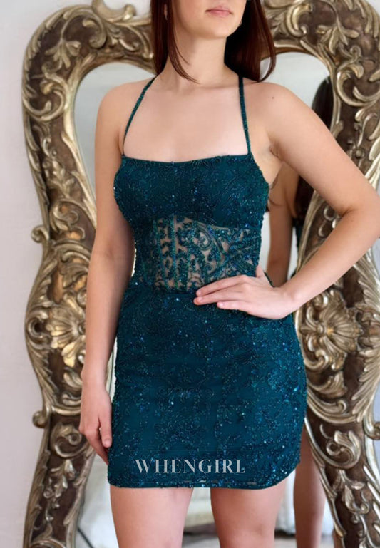 Peacock Spaghetti Straps Sleeveless Lace Up Beaded Sheath Short Homecoming Dress