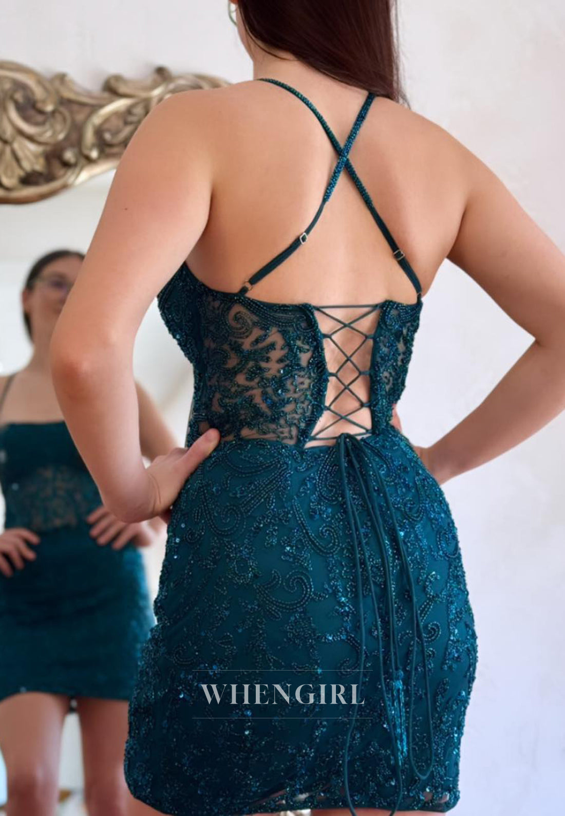 Peacock Spaghetti Straps Sleeveless Lace Up Beaded Sheath Short Homecoming Dress
