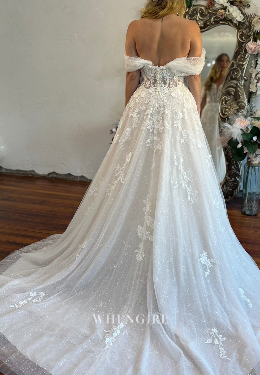 V Neck Off Shoulder Appliqued Lace A-Line Sweep Train Wedding Dress