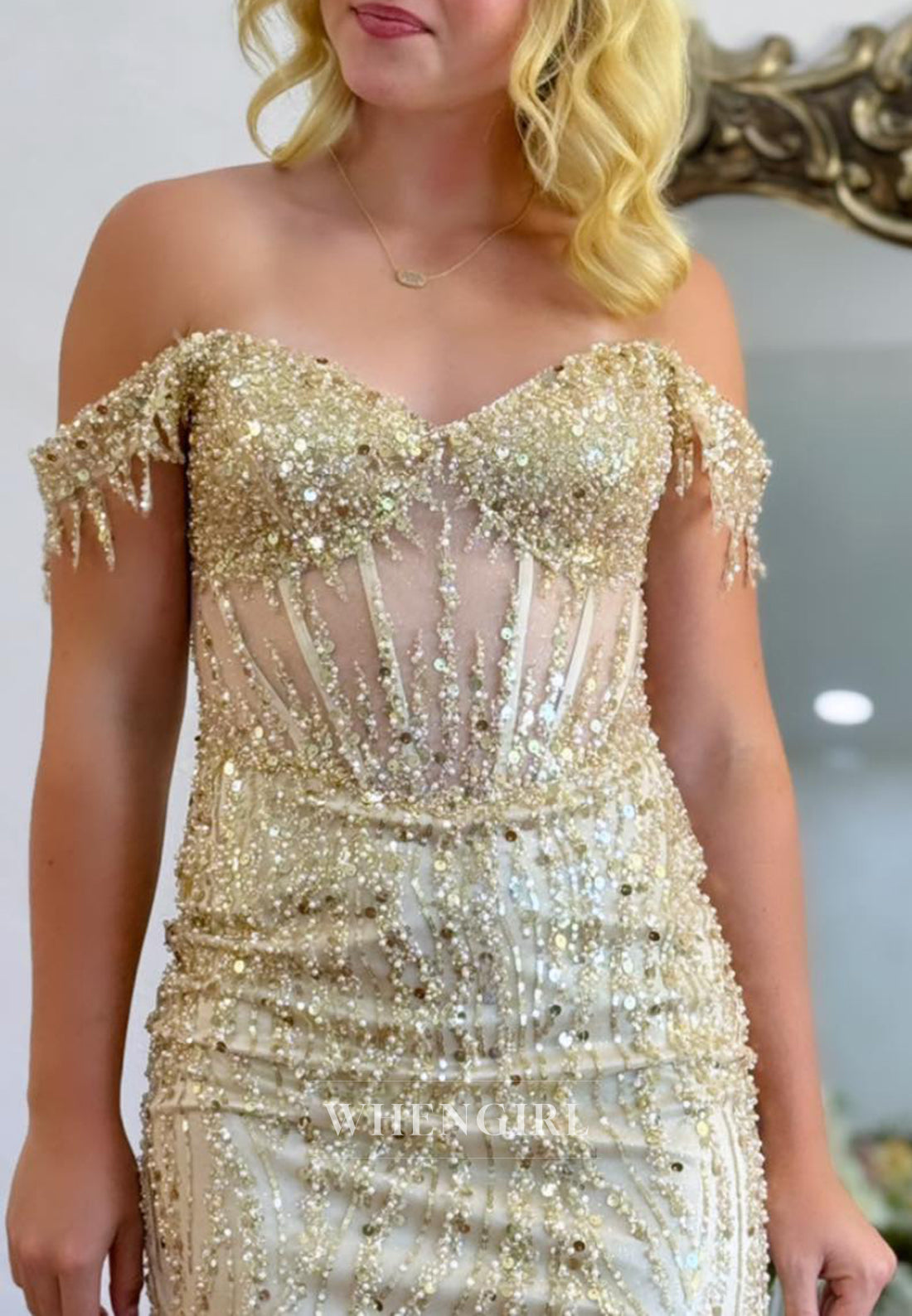 Gold Sweetheart Off Shoulder Beaded Side Slit Back Zipper Sheath Short Homecoming Dress