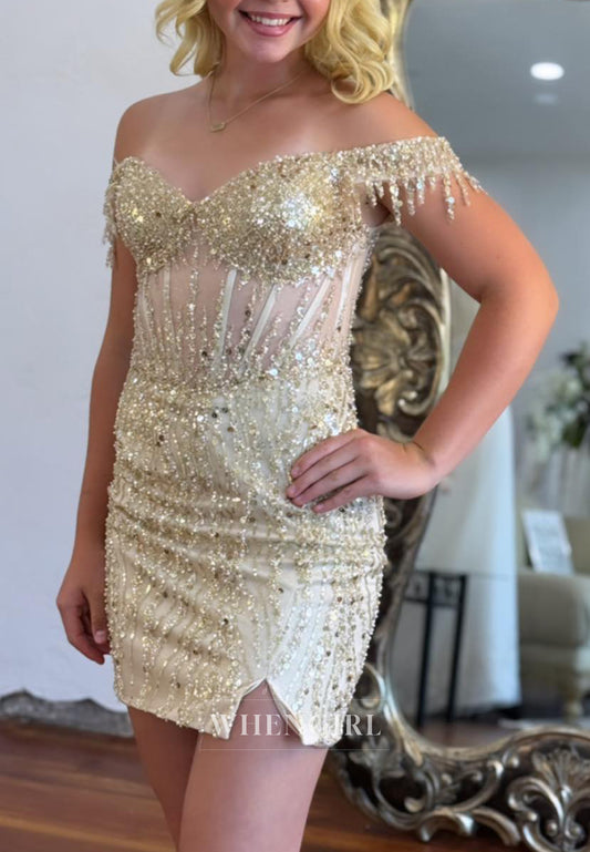 Gold Sweetheart Off Shoulder Beaded Side Slit Back Zipper Sheath Short Homecoming Dress