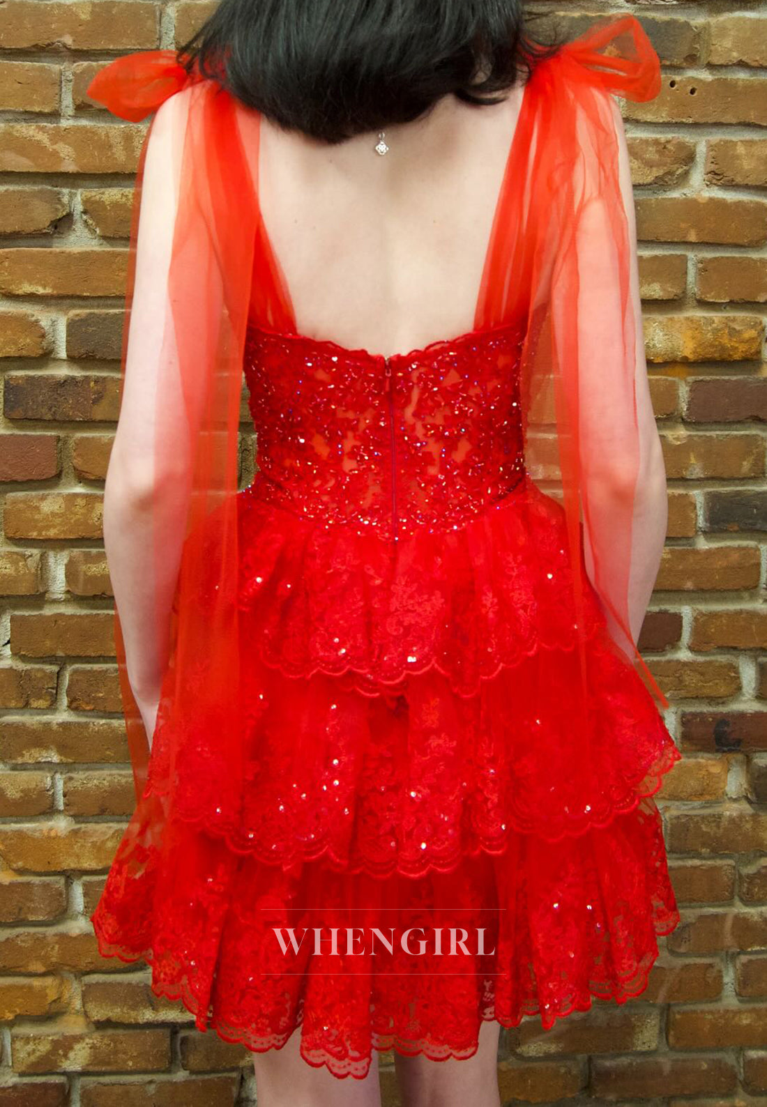 Red A-Line V Neck Bowknot Straps Embroidery Lace Sleeveless Homecoming Dress
