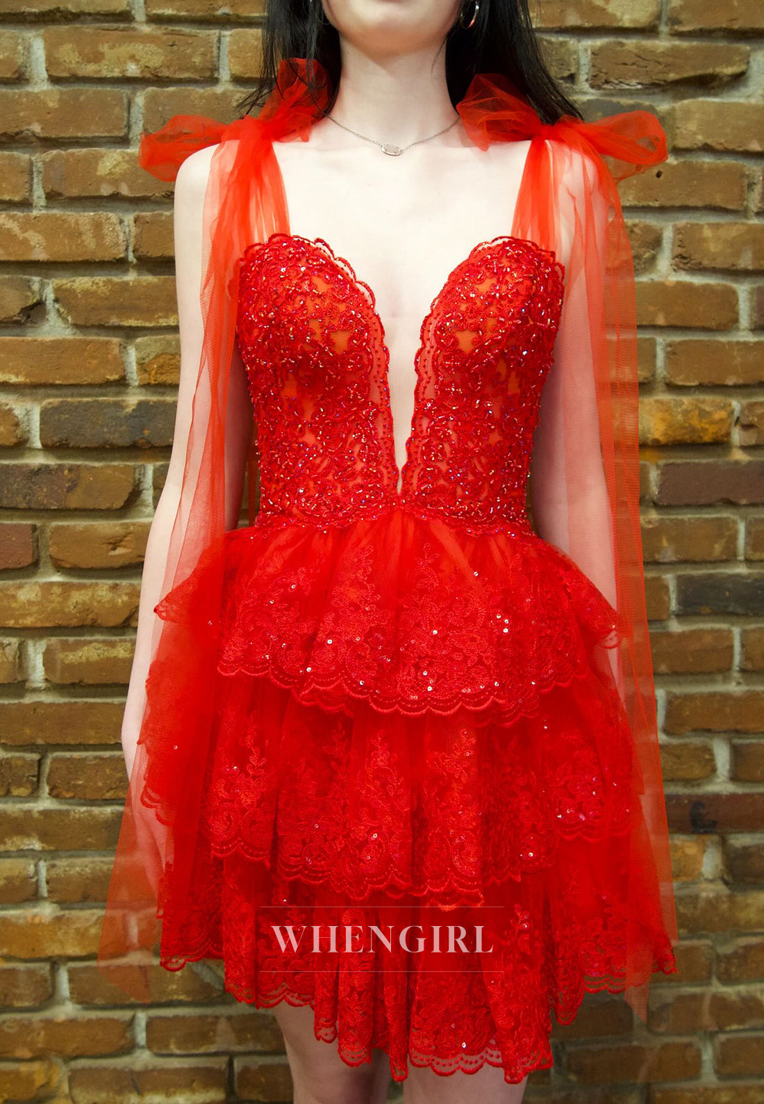 Red A-Line V Neck Bowknot Straps Embroidery Lace Sleeveless Homecoming Dress