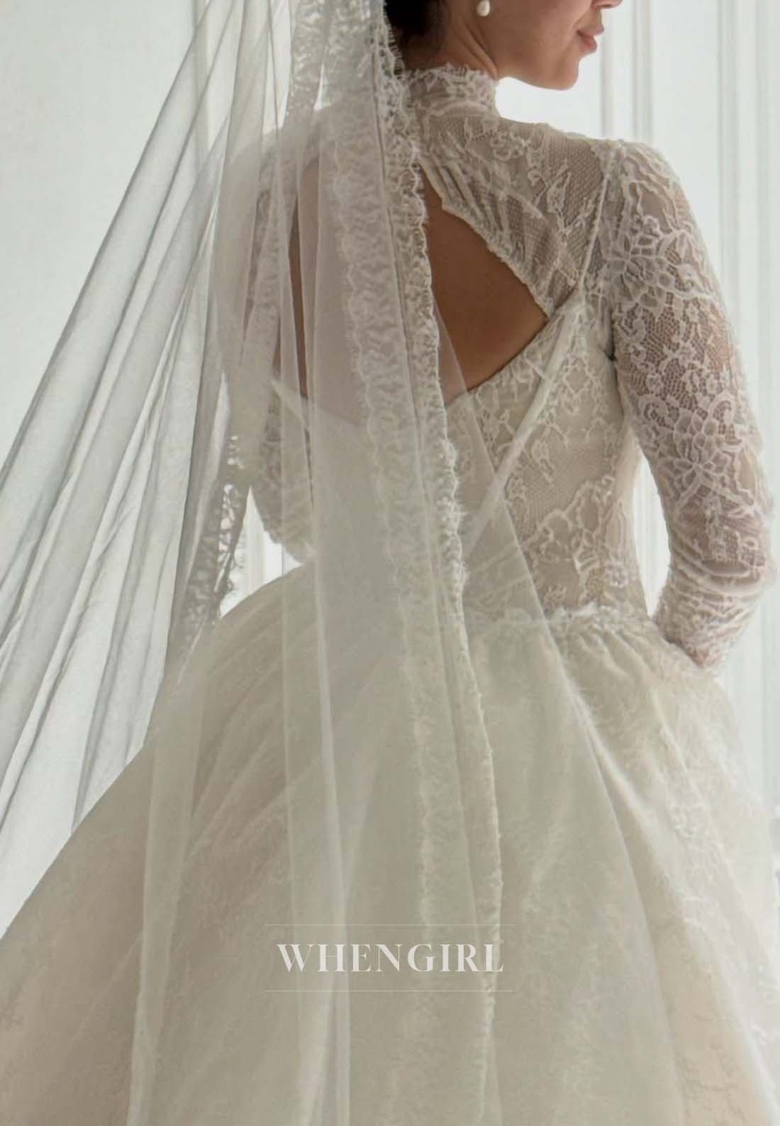 High Neck Long Sleeves Lace Sheath Chapel Train Back Zipper Wedding Dress
