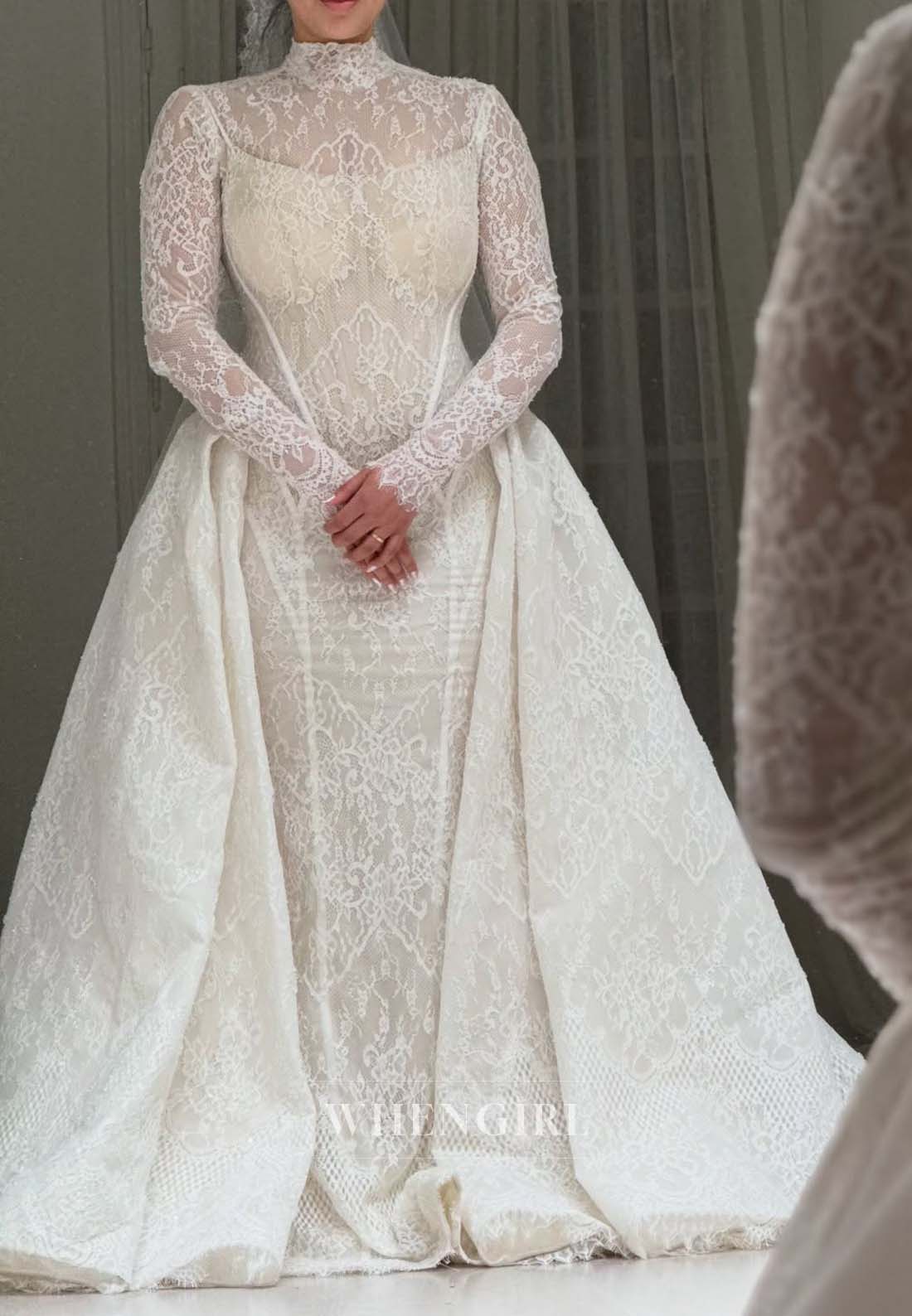 High Neck Long Sleeves Lace Sheath Chapel Train Back Zipper Wedding Dress