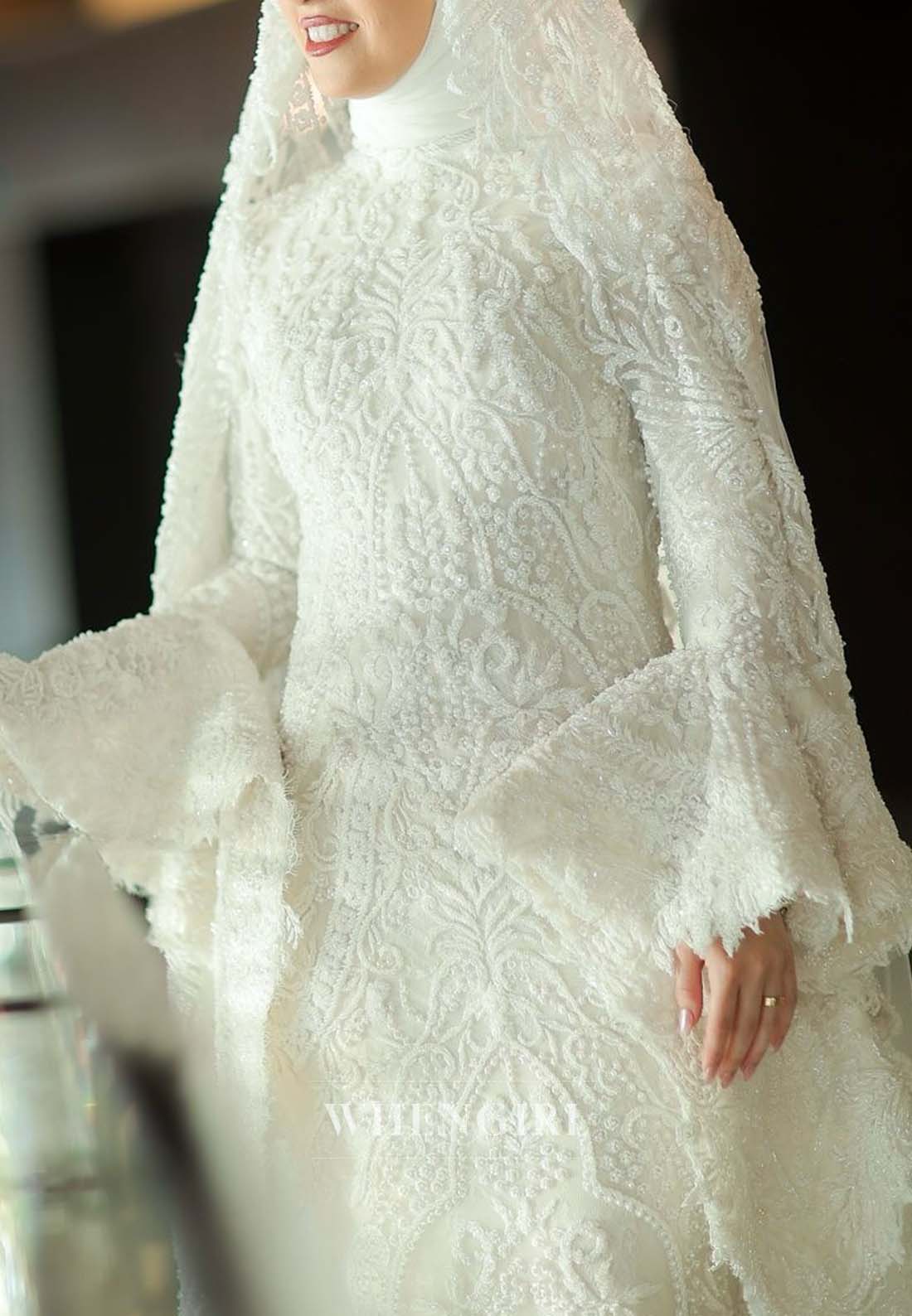 Long Sleeves Sweep Train Mermaid Beaded High Neck Wedding Dress