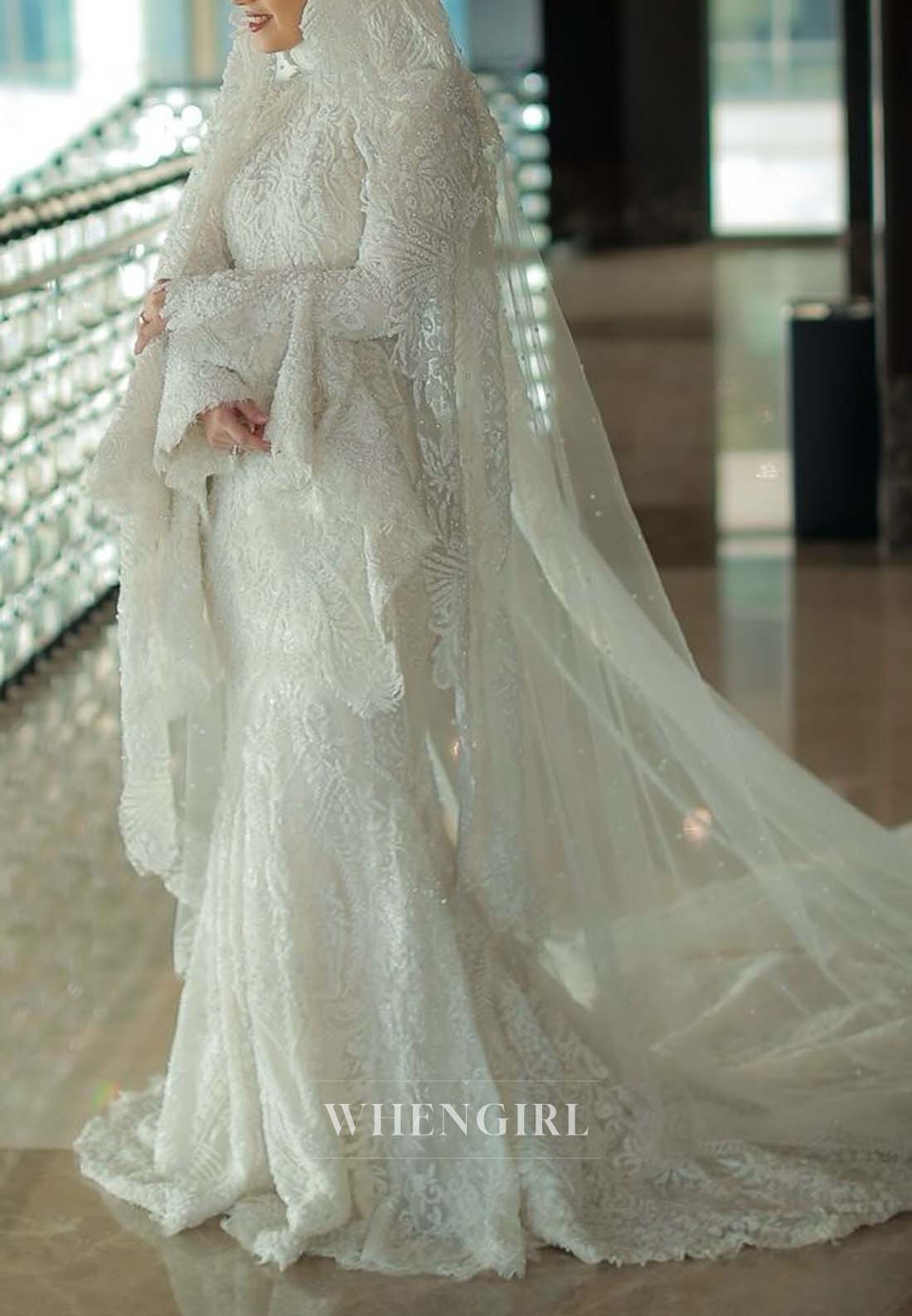 Long Sleeves Sweep Train Mermaid Beaded High Neck Wedding Dress