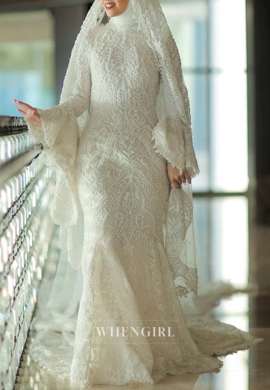Long Sleeves Sweep Train Mermaid Beaded High Neck Wedding Dress