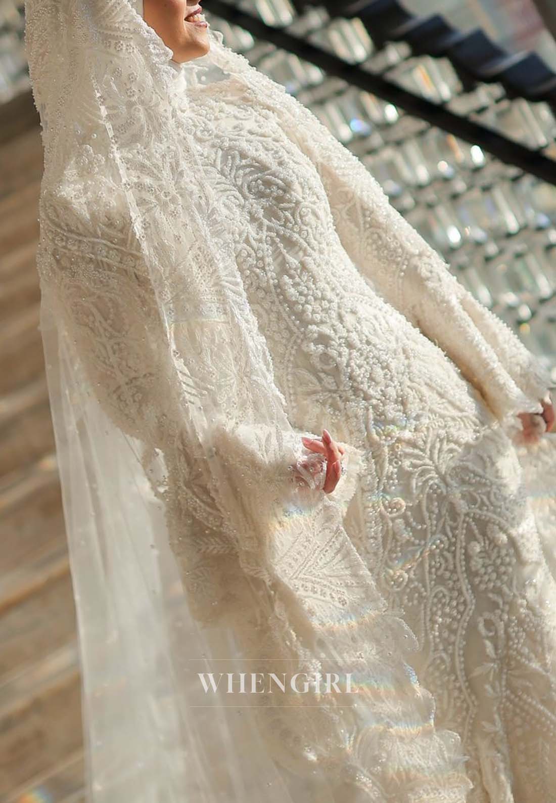 Long Sleeves Sweep Train Mermaid Beaded High Neck Wedding Dress