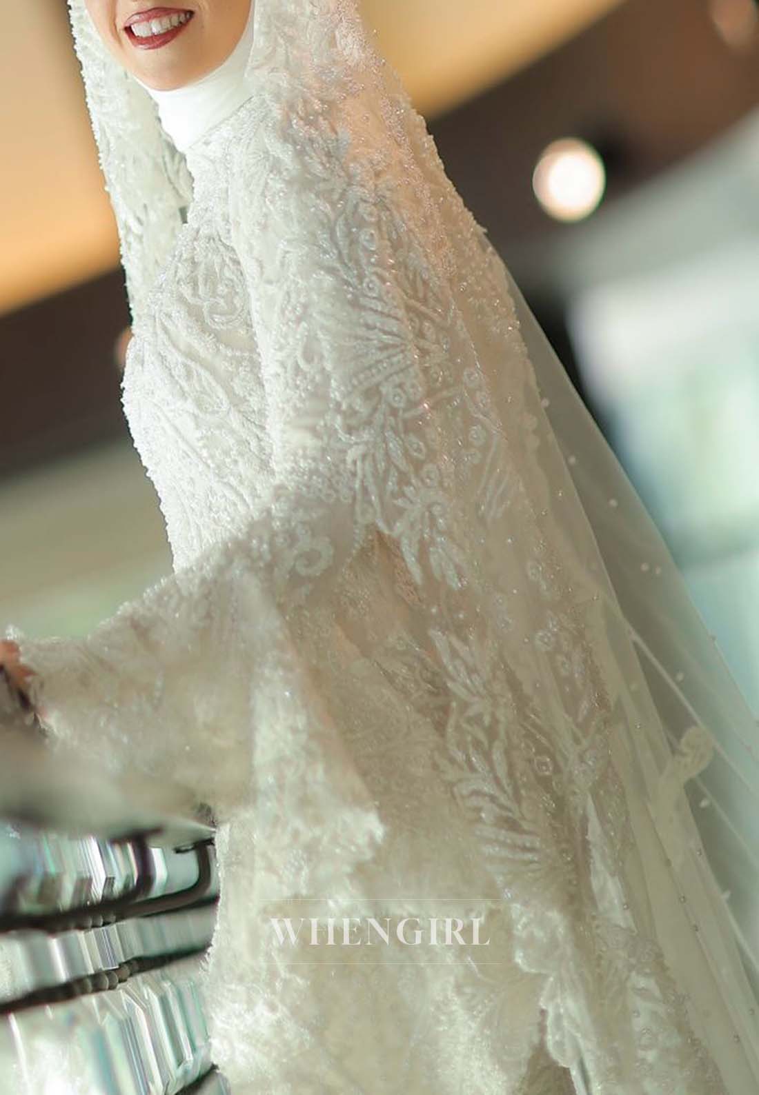 Long Sleeves Sweep Train Mermaid Beaded High Neck Wedding Dress