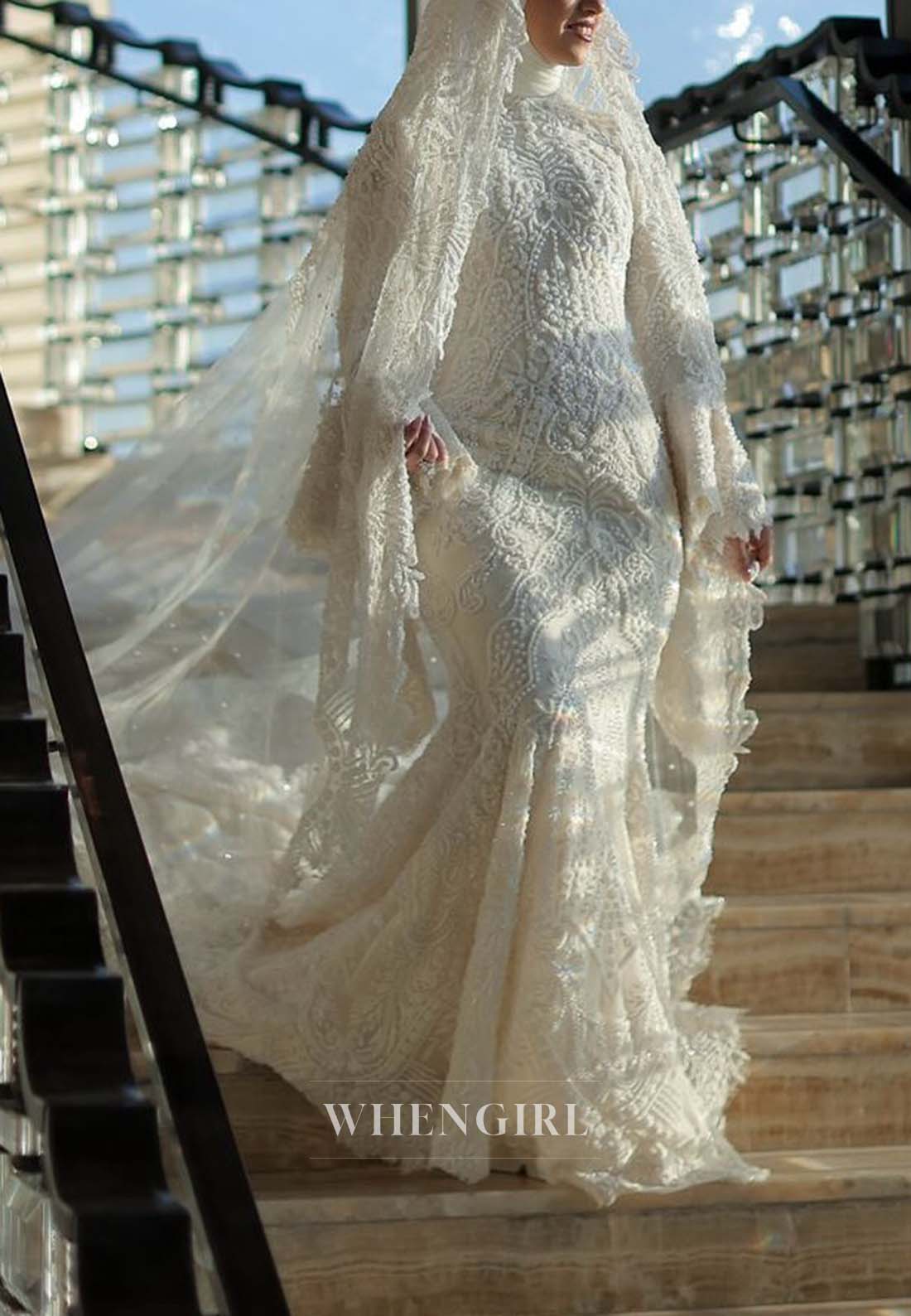 Long Sleeves Sweep Train Mermaid Beaded High Neck Wedding Dress