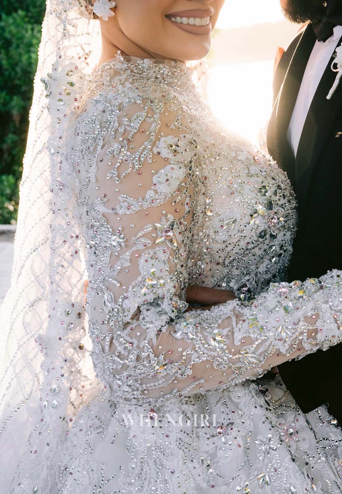Gorgeous High Neck Long Sleeves A-Line Beaded Court Train Appliqued Wedding Dress