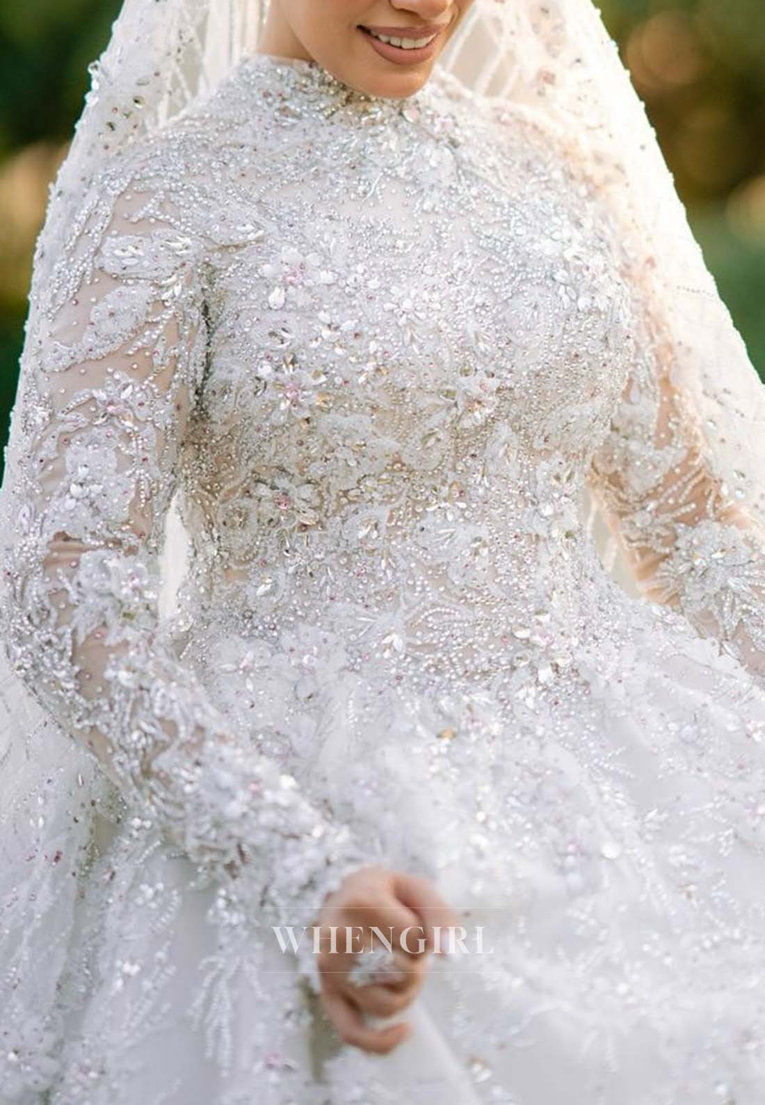 Gorgeous High Neck Long Sleeves A-Line Beaded Court Train Appliqued Wedding Dress