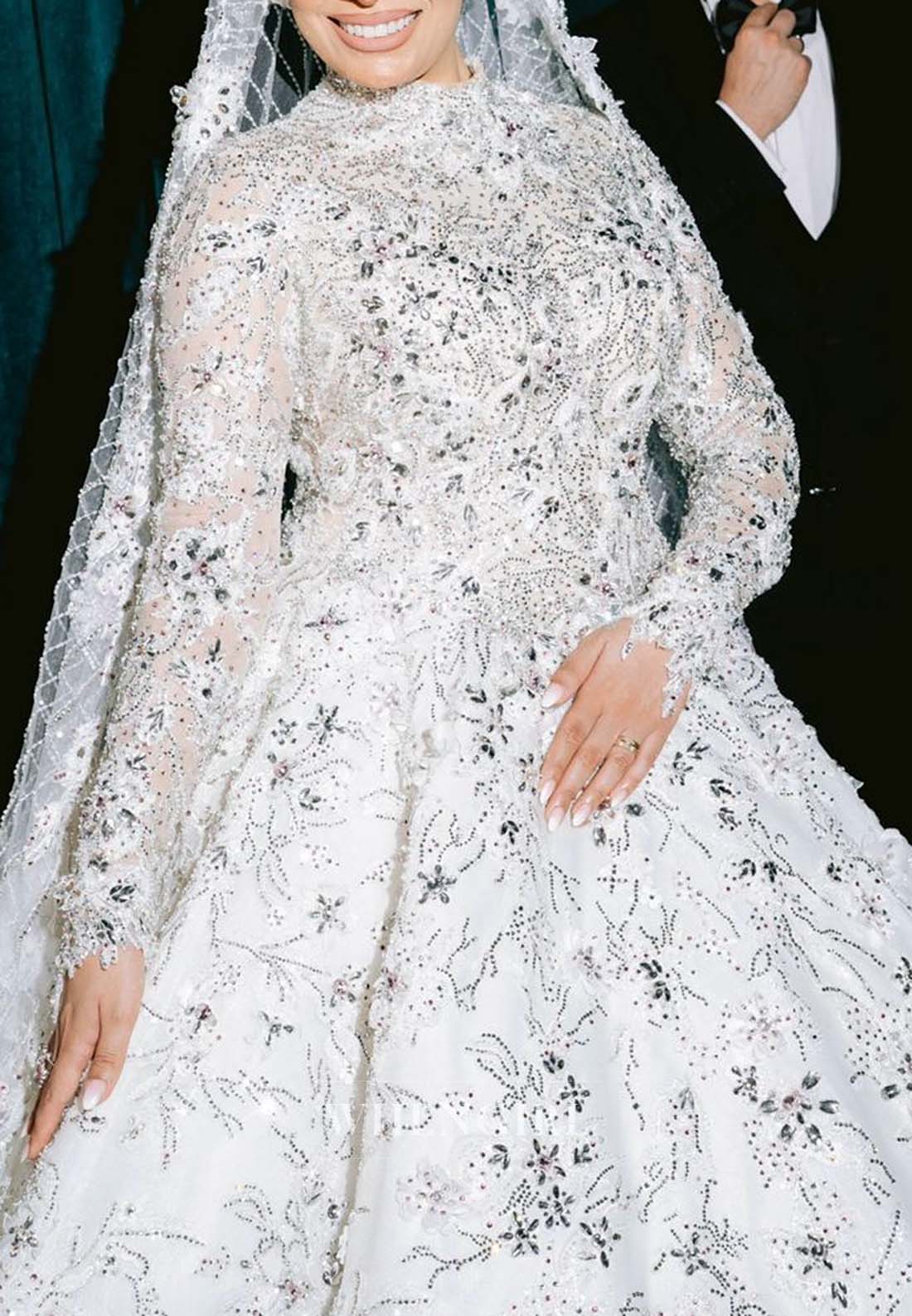 Gorgeous High Neck Long Sleeves A-Line Beaded Court Train Appliqued Wedding Dress