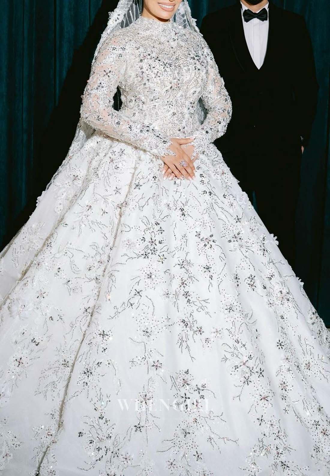 Gorgeous High Neck Long Sleeves A-Line Beaded Court Train Appliqued Wedding Dress