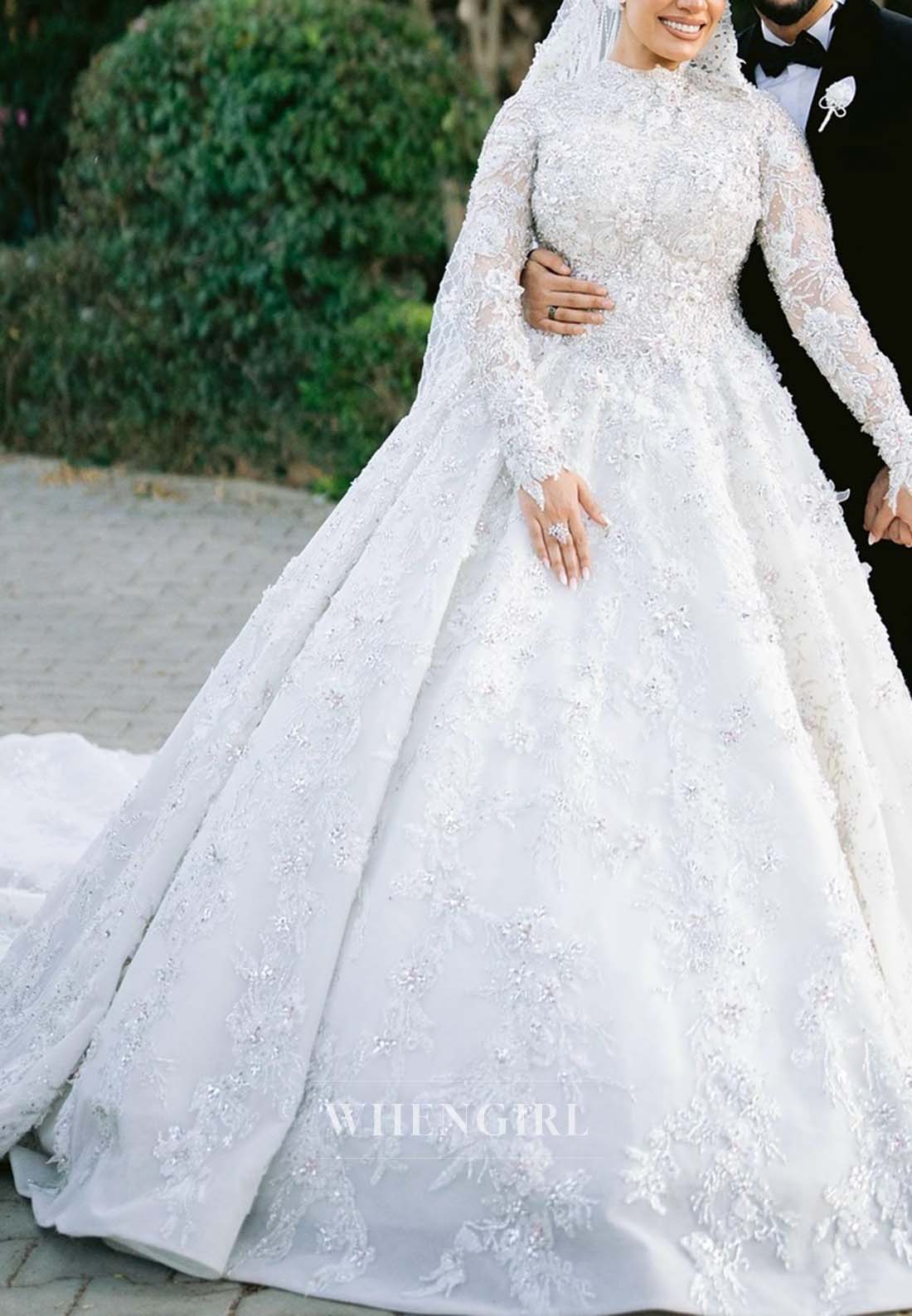 Gorgeous High Neck Long Sleeves A-Line Beaded Court Train Appliqued Wedding Dress