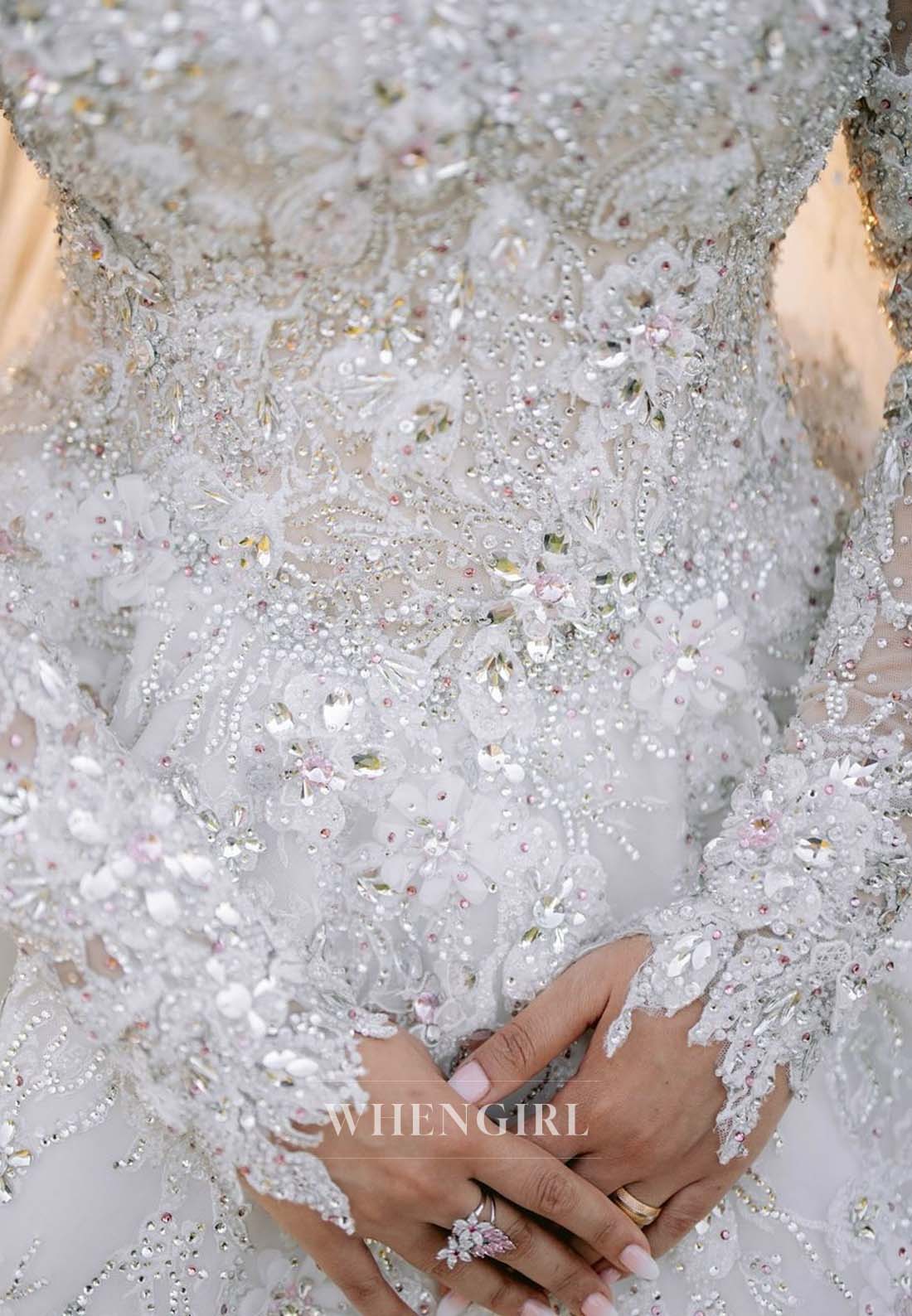 Gorgeous High Neck Long Sleeves A-Line Beaded Court Train Appliqued Wedding Dress