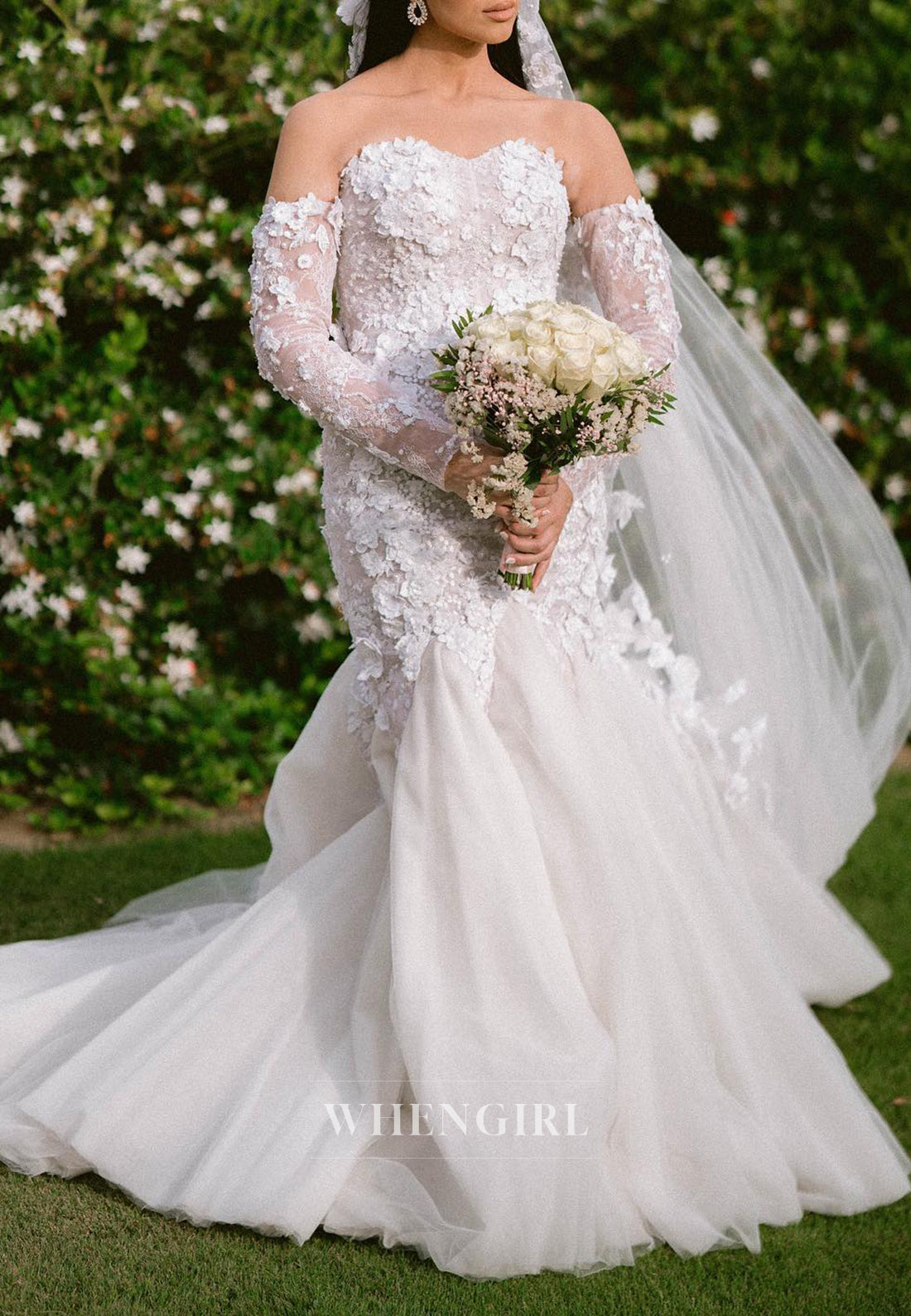 Sweetheart Appliqued Lace Long Sleeves Back Zipper Strapless Mermaid Wedding Dress