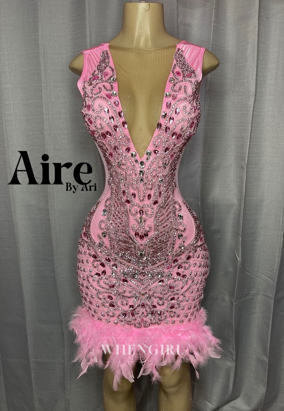 Pink Luxury V Neck Sleeveless Beaded Rhinestones Feather Back Zipper Sheath Short Homecoming Dress