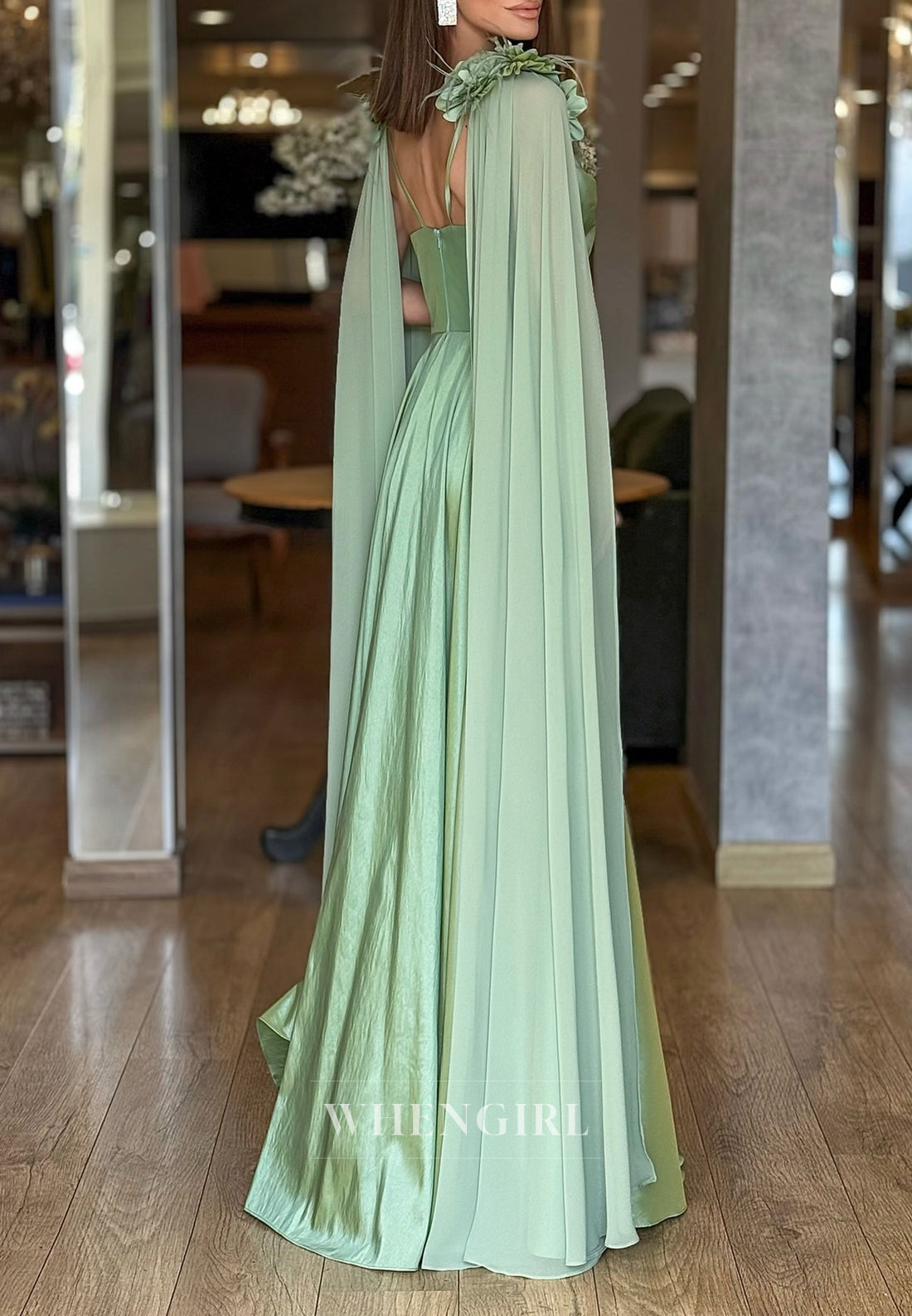 A-Line Floral Straps Pleated Back Zipper Floor Length Formal Evening Dress