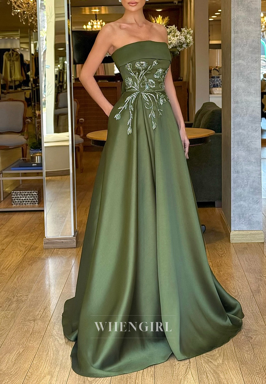 Celadon Tube Top Sleeveless Beaded Vine Sleeveless A-Line Back Zipper Evening Dress