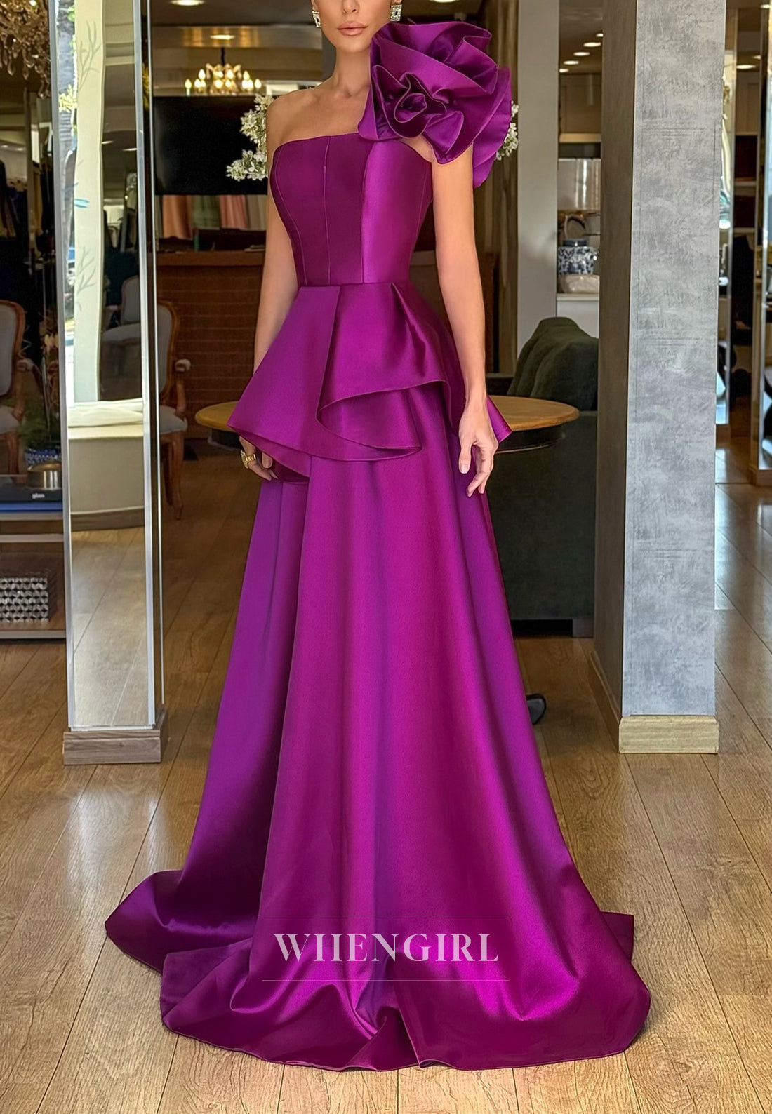 Orchid One Shoulder Sleeveless Sweep Train A-Line Evening Dress